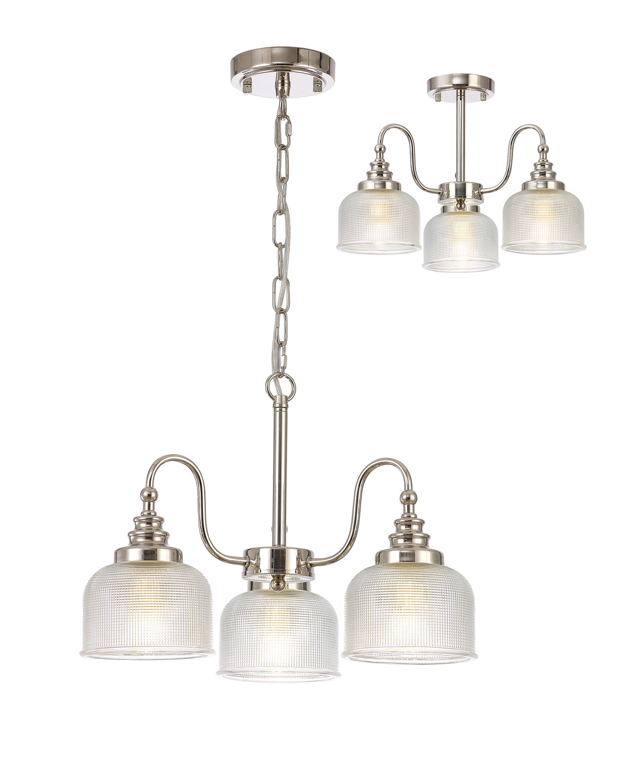 Gray Semi Flush / Pendant, 3 Light E27, Polished Nickel / Prismatic Glass