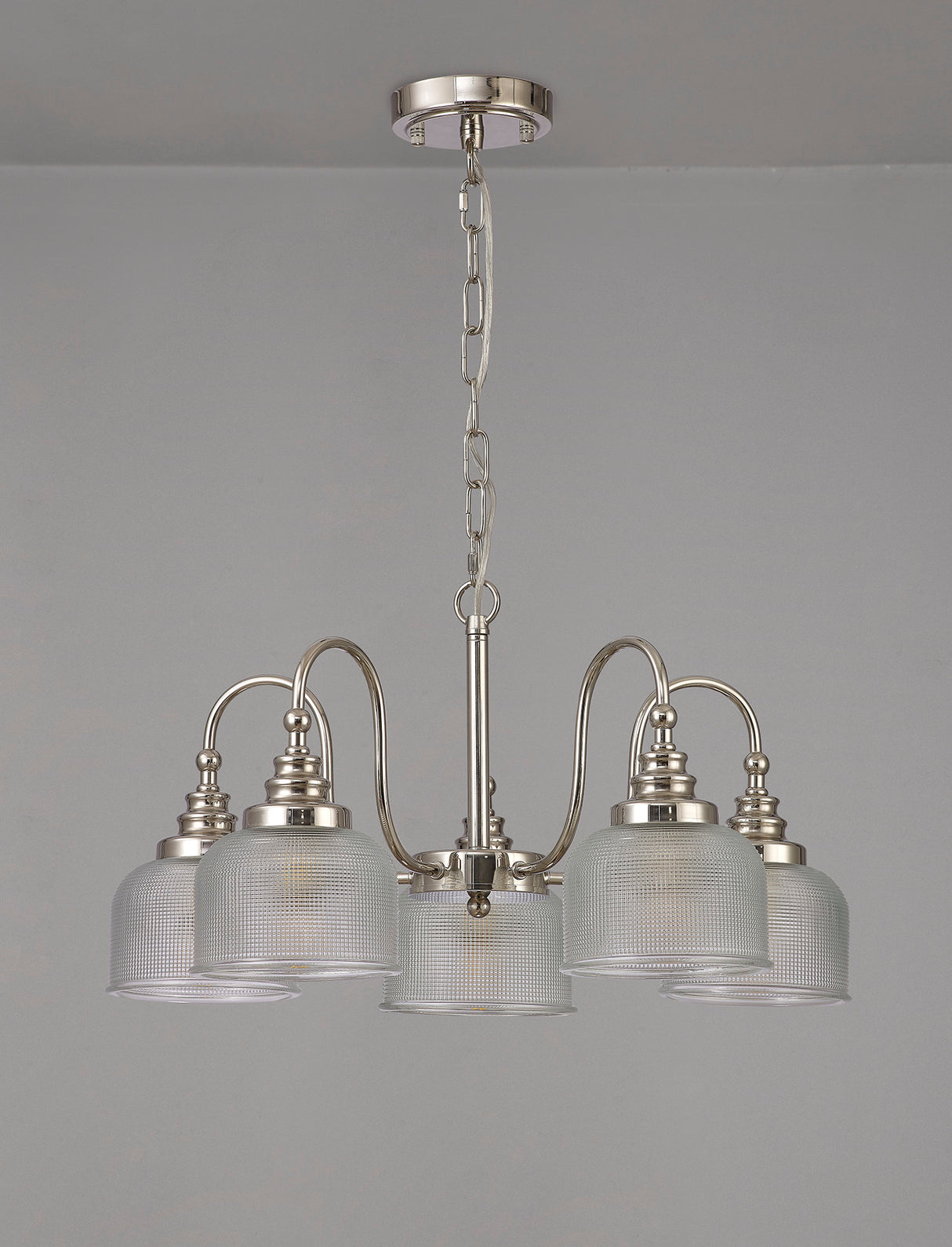 Gray Semi Flush / Pendant, 5 Light E27, Polished Nickel / Prismatic Glass