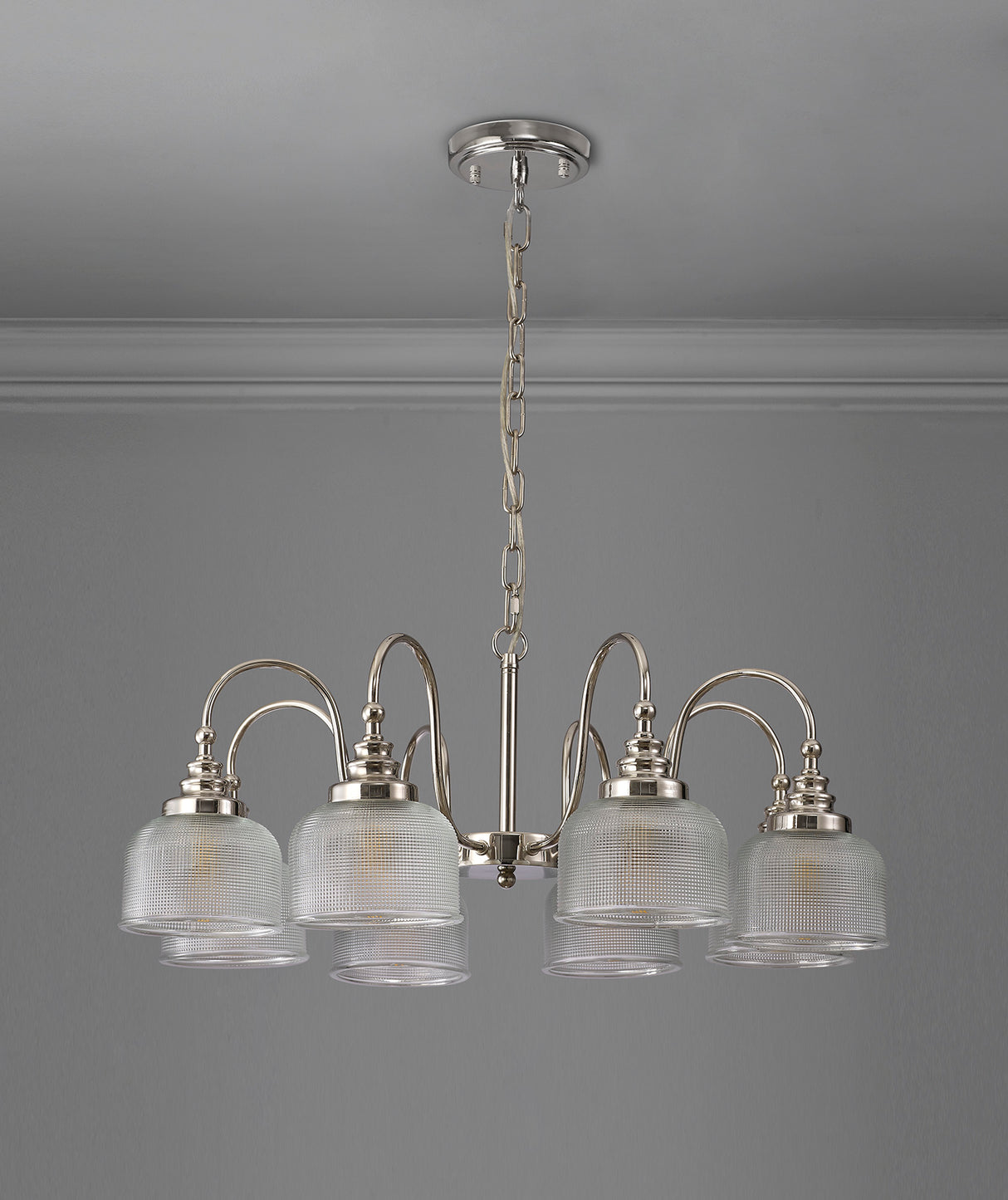 Gray Semi Flush / Pendant, 8 Light E27, Polished Nickel / Prismatic Glass
