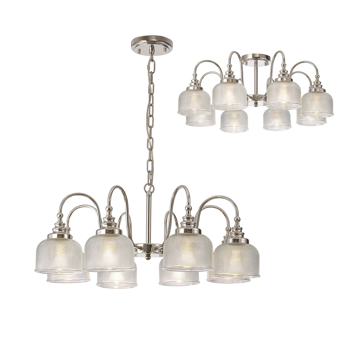 Gray Semi Flush / Pendant, 8 Light E27, Polished Nickel / Prismatic Glass