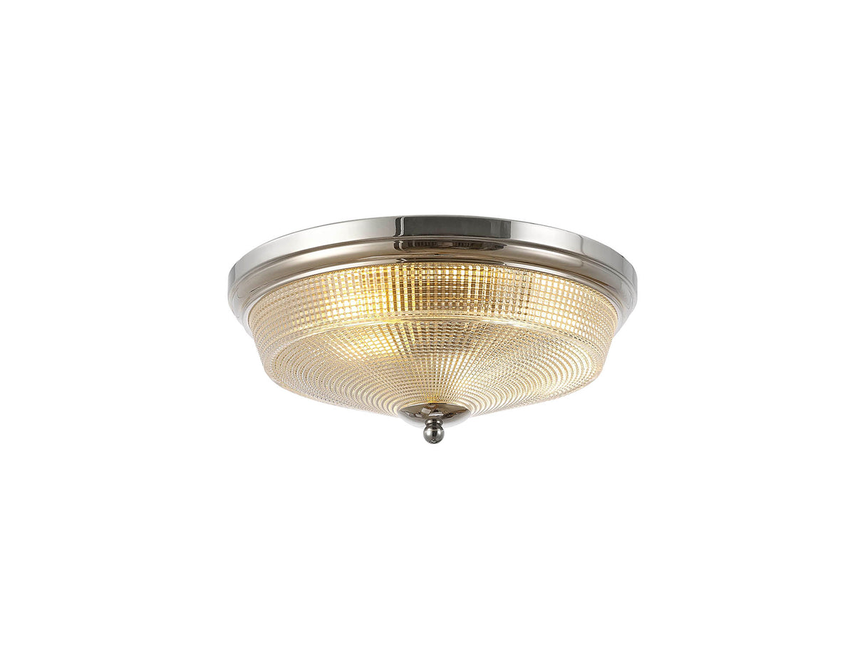 Gray 2 Light E27 Flush Ceiling Light, Polished Nickel / Prismatic Glass