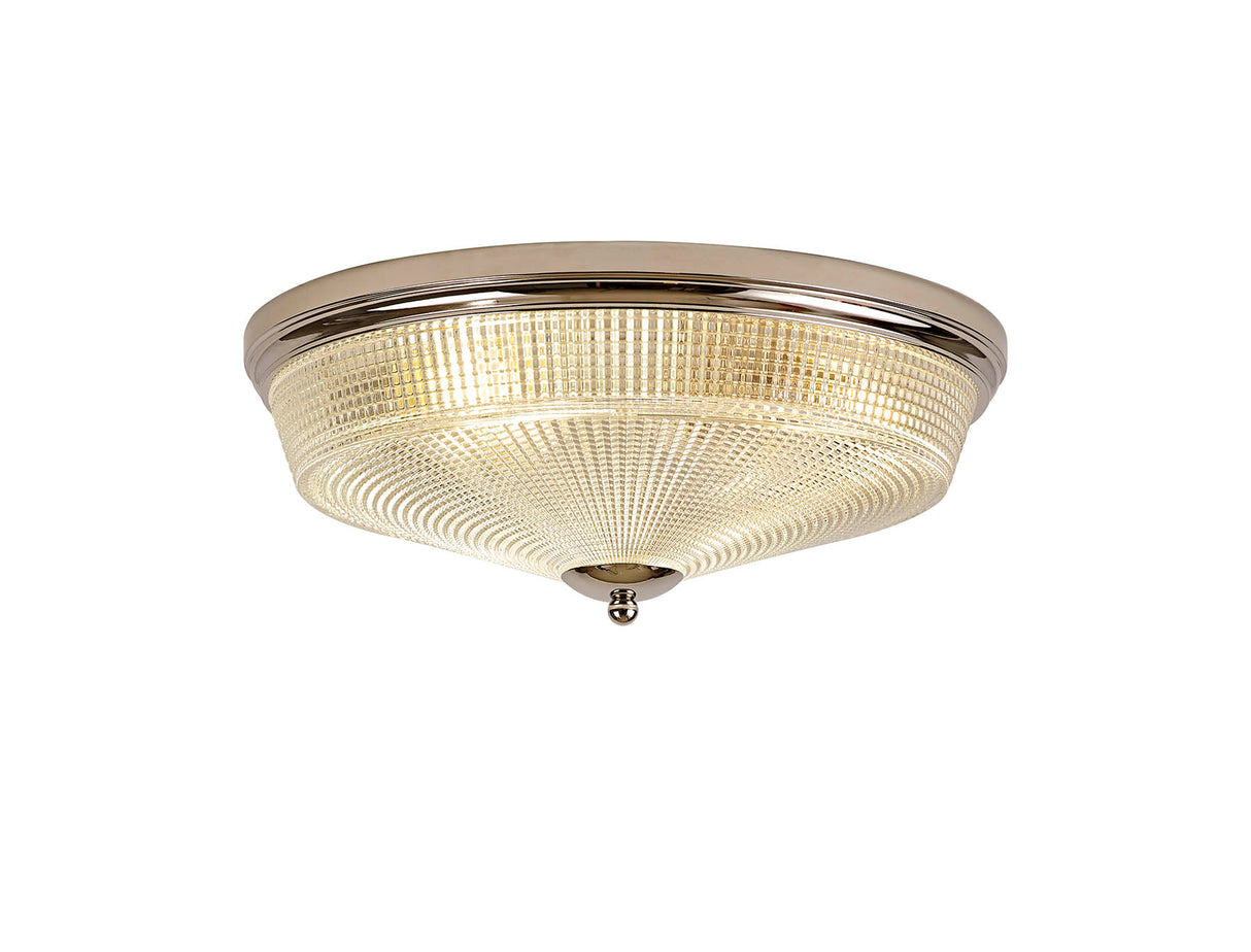 Gray 3 Light E27 Flush Ceiling Light, Polished Nickel / Prismatic Glass