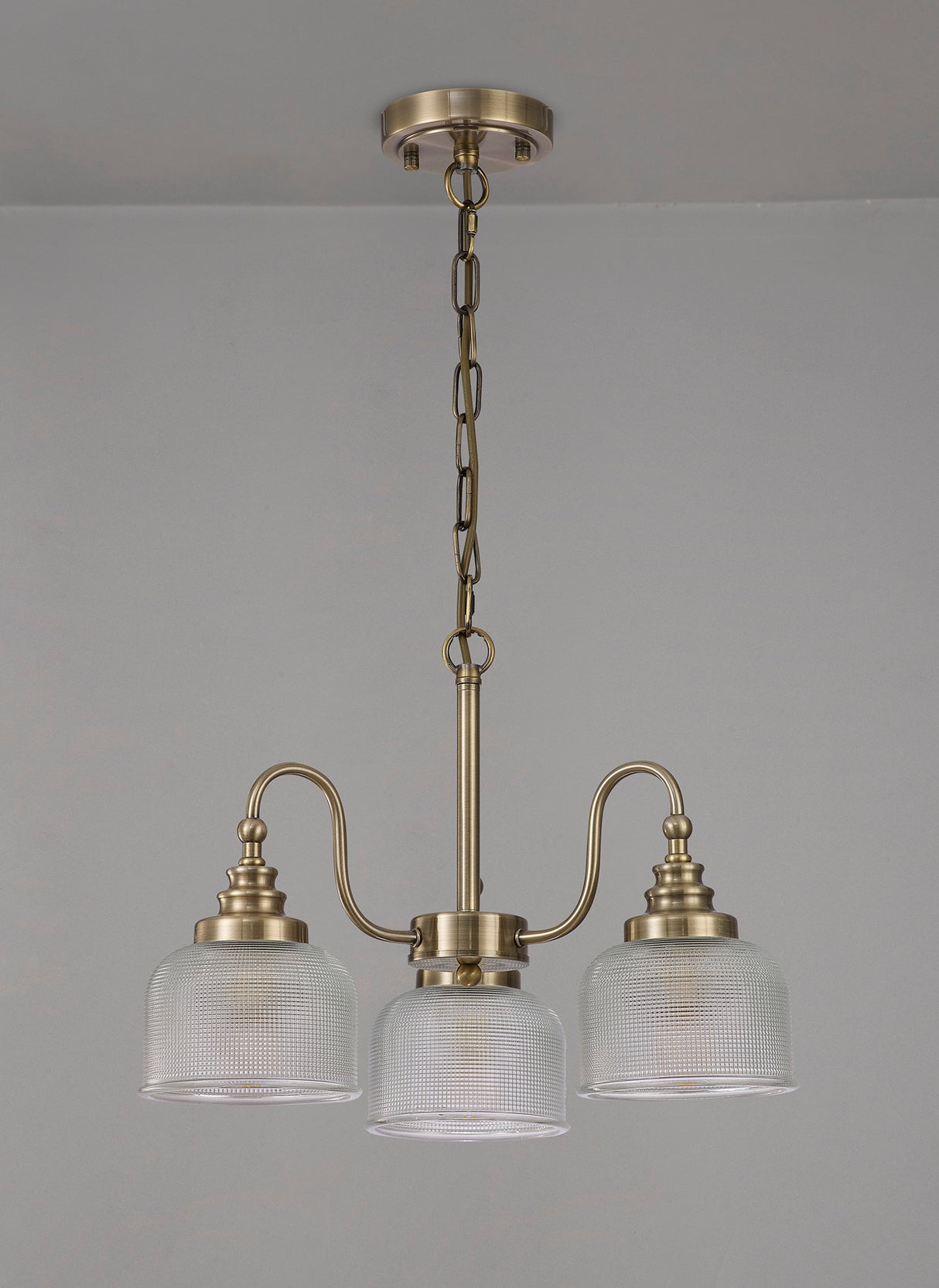 Gray Semi Flush / Pendant, 3 Light E27, Antique Brass / Prismatic Glass