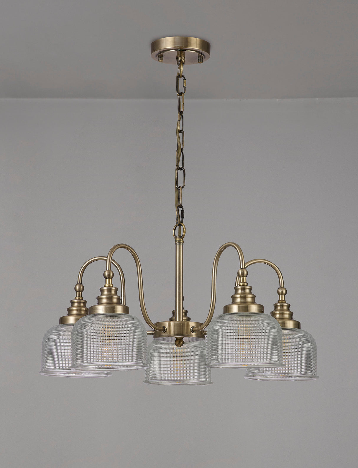 Gray Semi Flush / Pendant, 5 Light E27, Antique Brass / Prismatic Glass