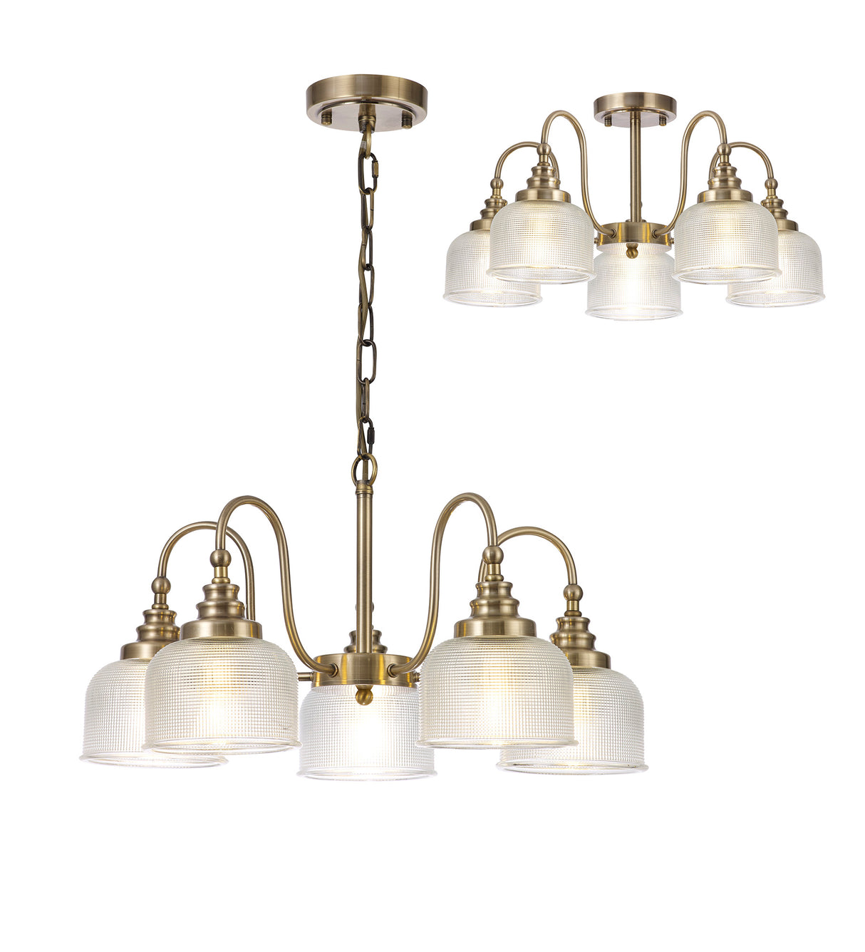 Gray Semi Flush / Pendant, 5 Light E27, Antique Brass / Prismatic Glass