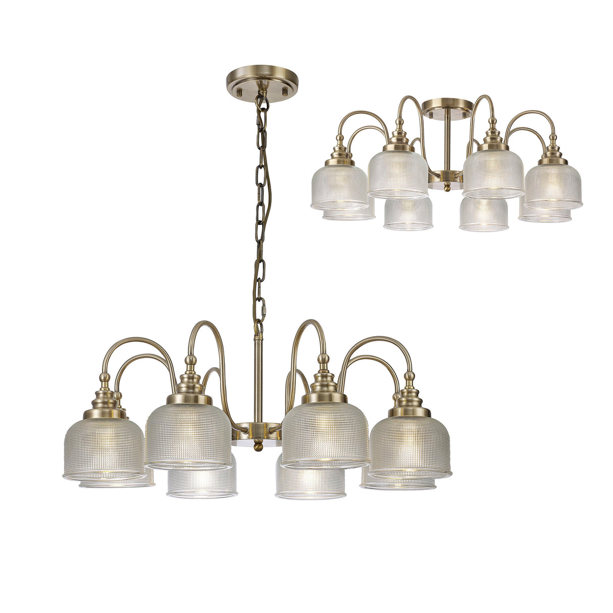 Gray Semi Flush / Pendant, 8 Light E27, Antique Brass / Prismatic Glass