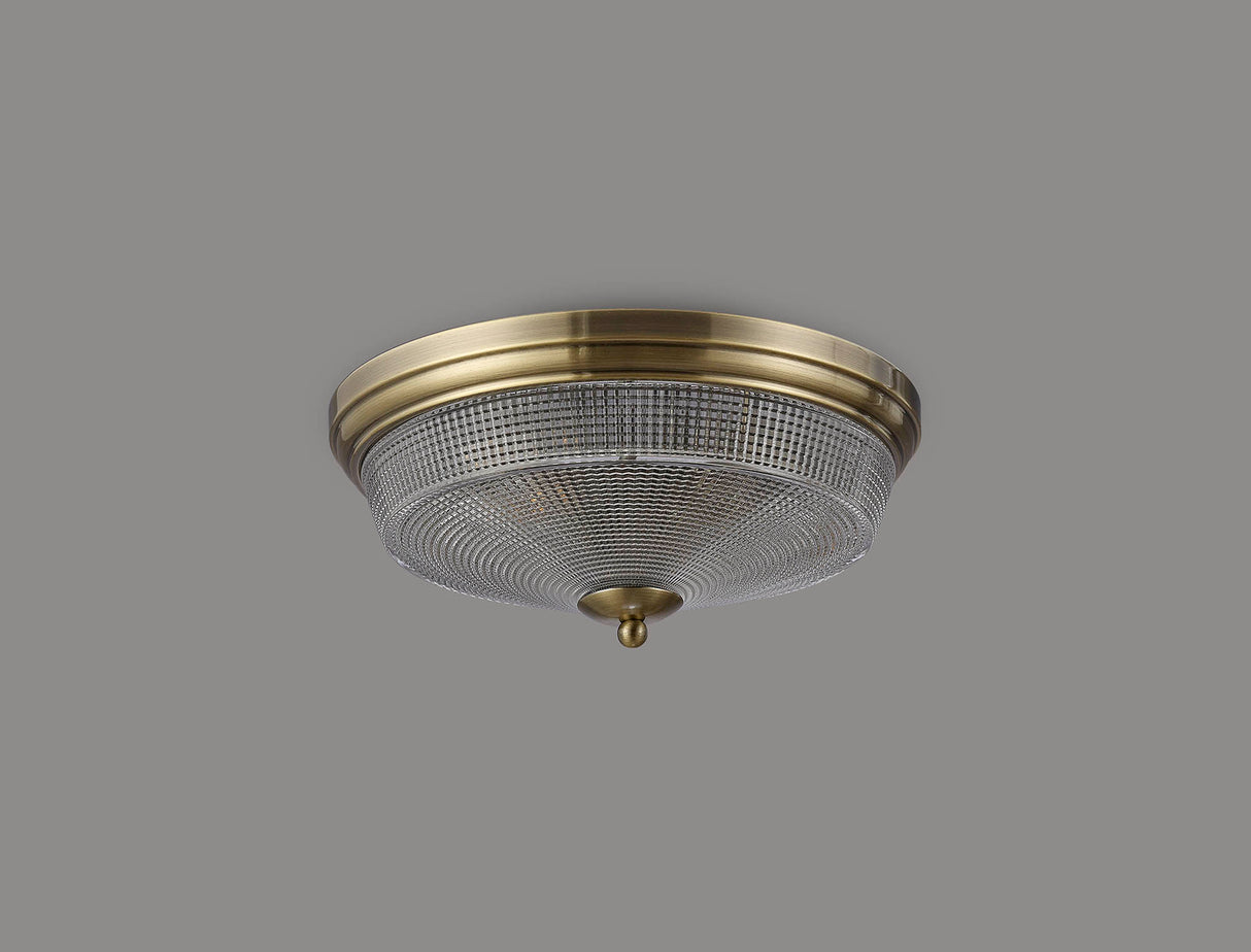 Gray 2 Light E27 Flush Ceiling Light, Antique Brass / Prismatic Glass