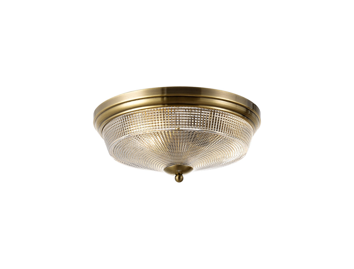 Gray 2 Light E27 Flush Ceiling Light, Antique Brass / Prismatic Glass