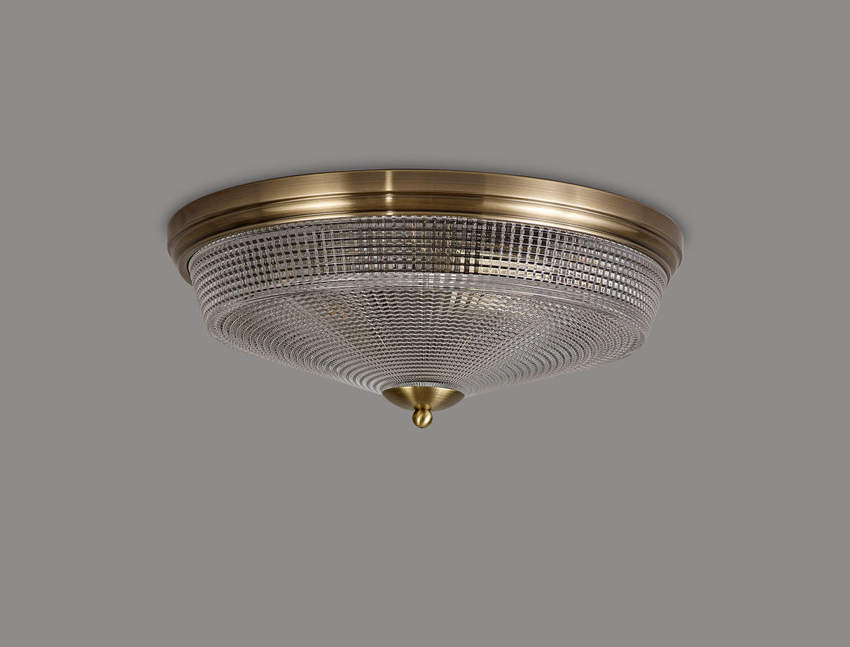 Gray 3 Light E27 Flush Ceiling Light, Antique Brass / Prismatic Glass