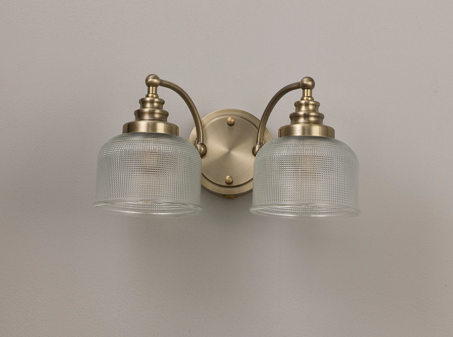 Gray Switched Wall Lamp 2 Light E27 Antique Brass / Prismatic Glass