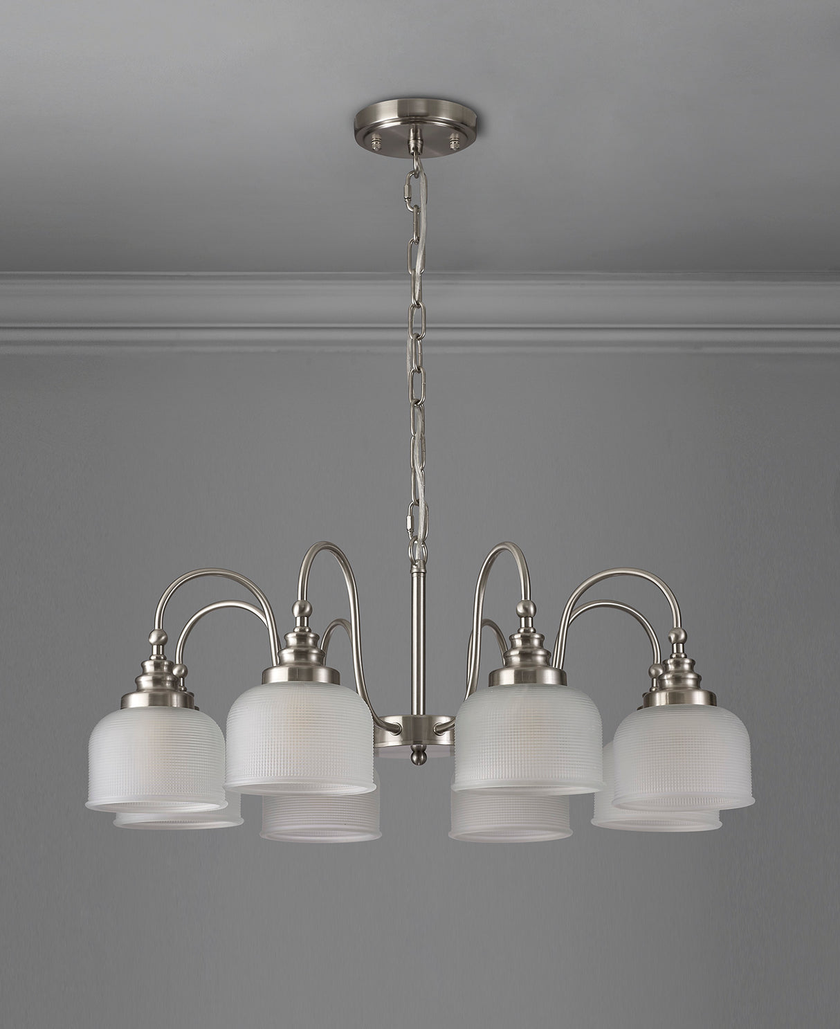 Gray Semi Flush / Pendant, 8 Light E27, Satin Nickel / Frosted Glass