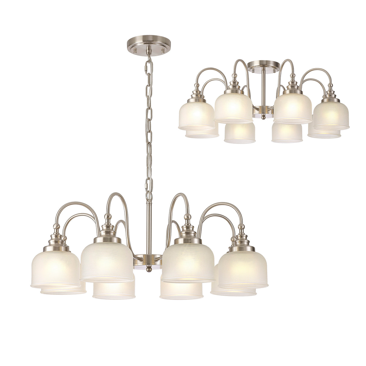 Gray Semi Flush / Pendant, 8 Light E27, Satin Nickel / Frosted Glass