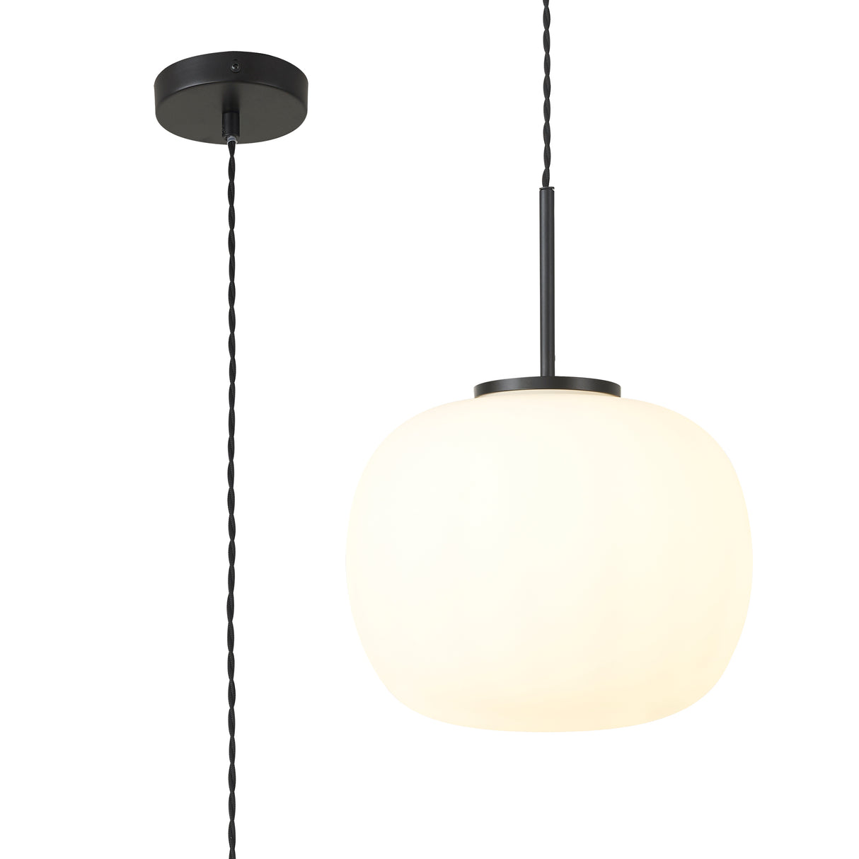 Cunnington Medium Oval Ball Pendant 1 Light E27 Matt Black Suspension With Frosted White Glass Globe