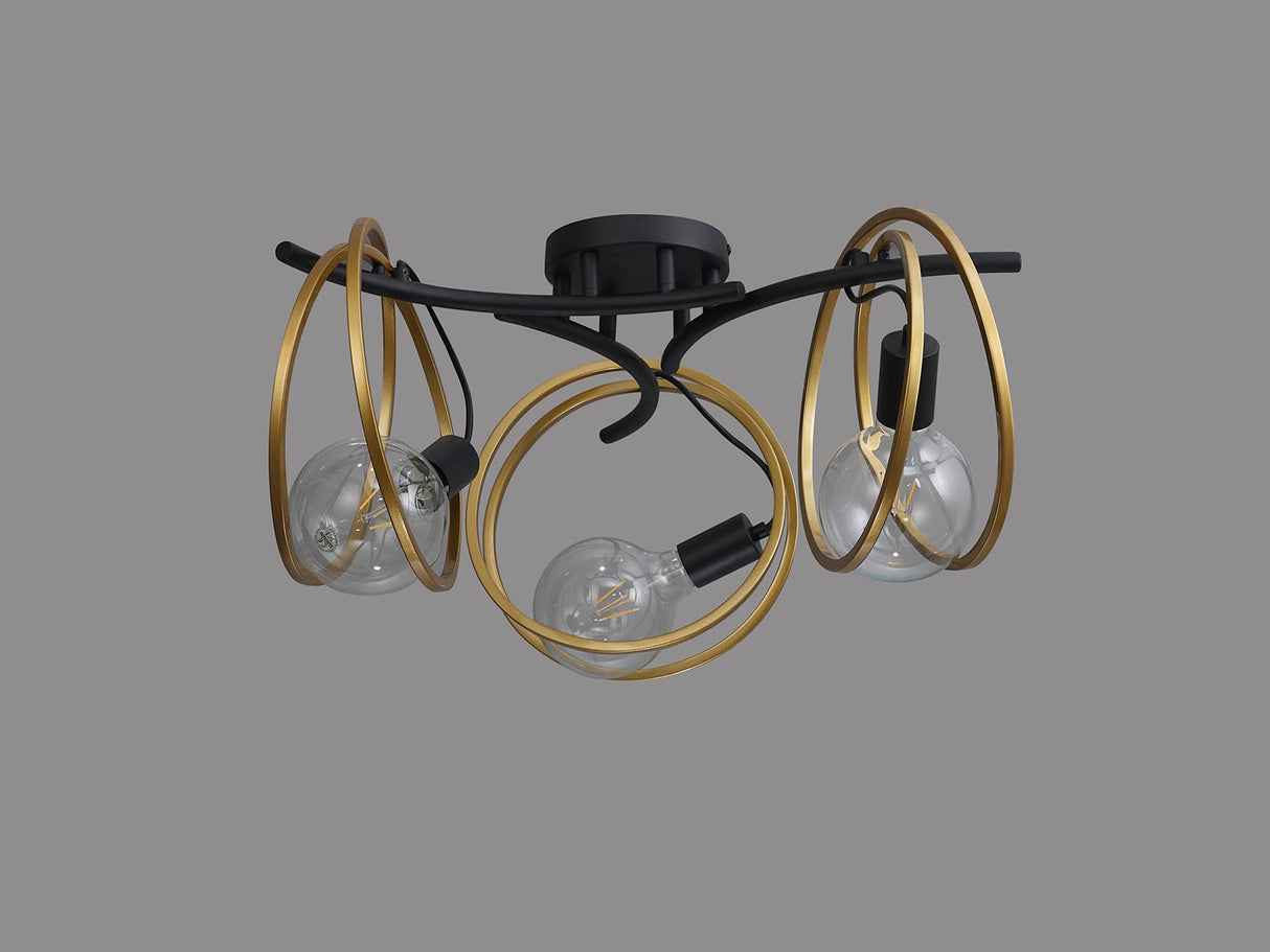 Kay Double Ring Ceiling Flush, 3 Light E27, Matt Black / Painted Gold, G95/120 Lamp Recommended