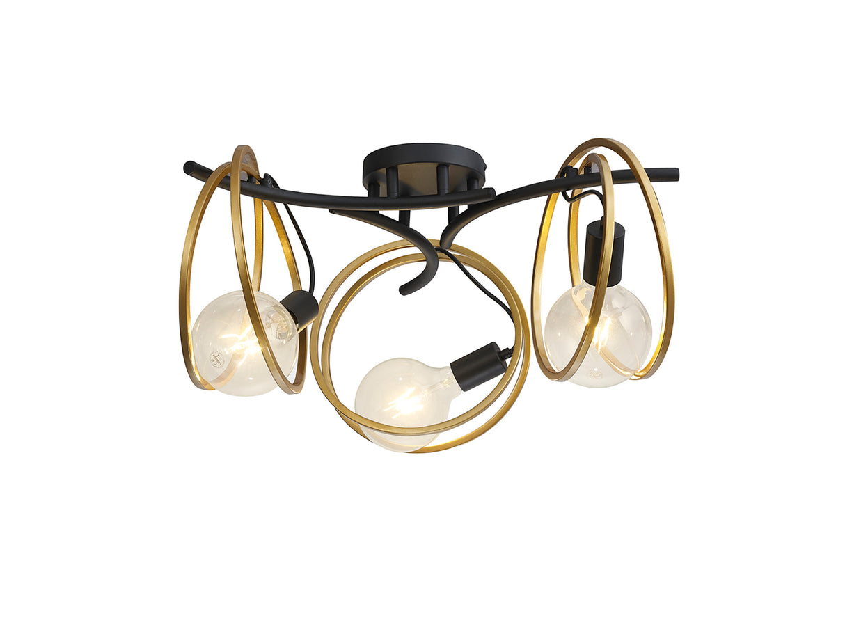Kay Double Ring Ceiling Flush, 3 Light E27, Matt Black / Painted Gold, G95/120 Lamp Recommended