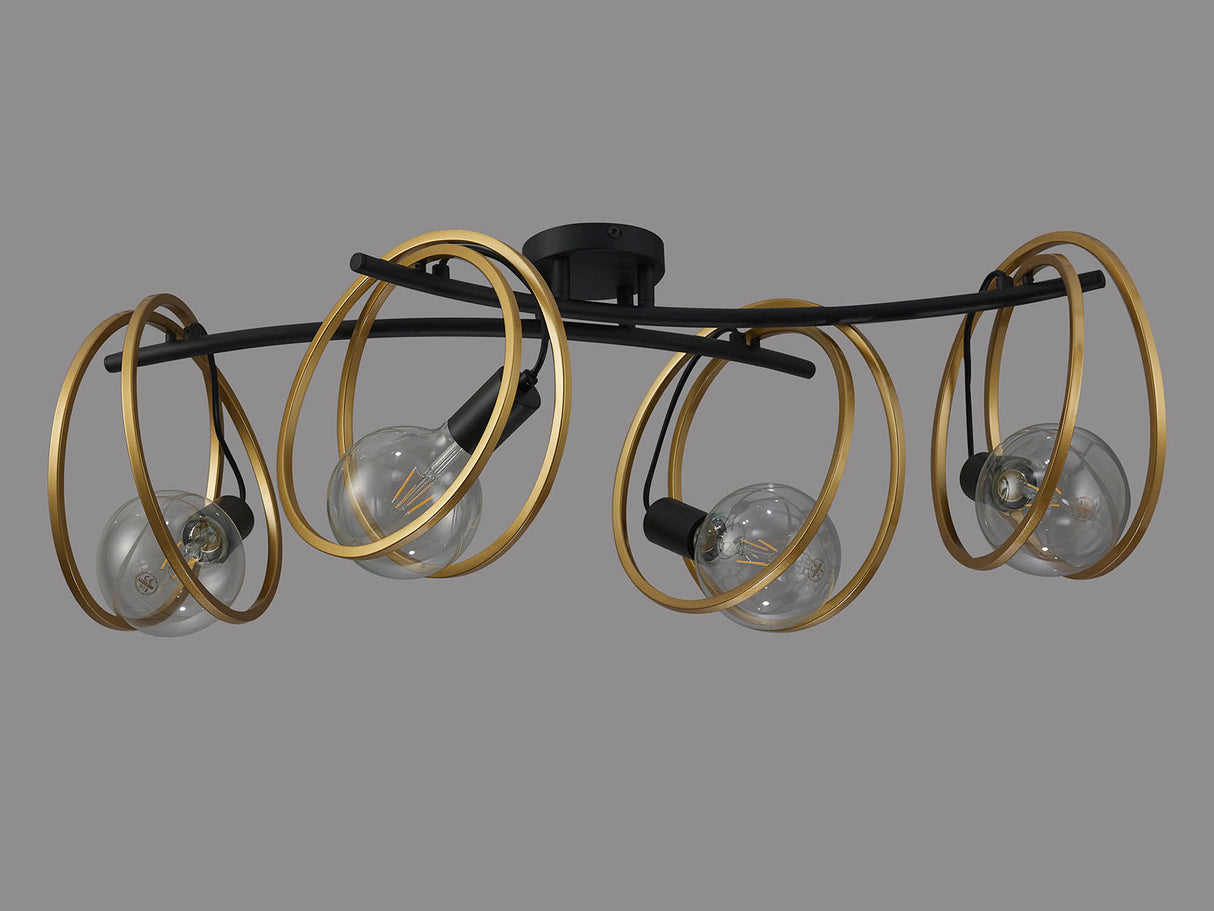 Kay Double Ring Ceiling Flush, 4 Light E27, Matt Black / Painted Gold, G95/120 Lamp Recommended
