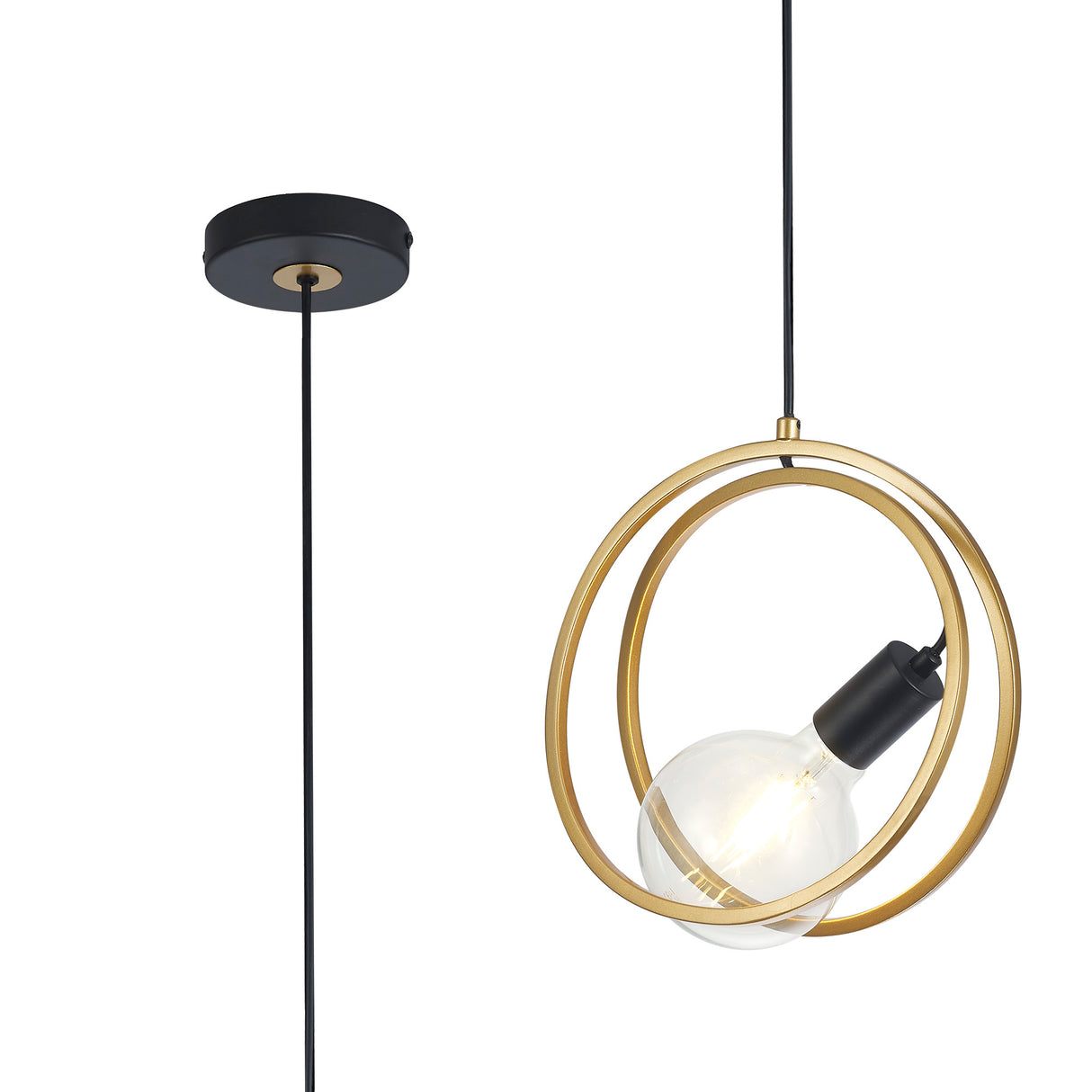 Kay Double Ring Single Pendant, 1 Light E27, Matt Black / Painted Gold, G95/120 Lamp Recommended