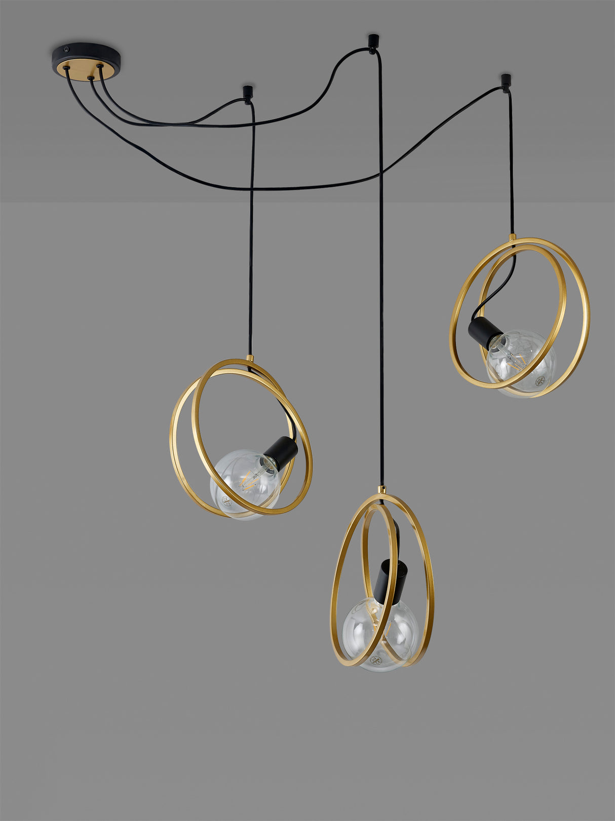 Kay Double Ring Multi Pendant, 3 Light E27, Matt Black / Painted Gold, G95/120 Lamp Recommended