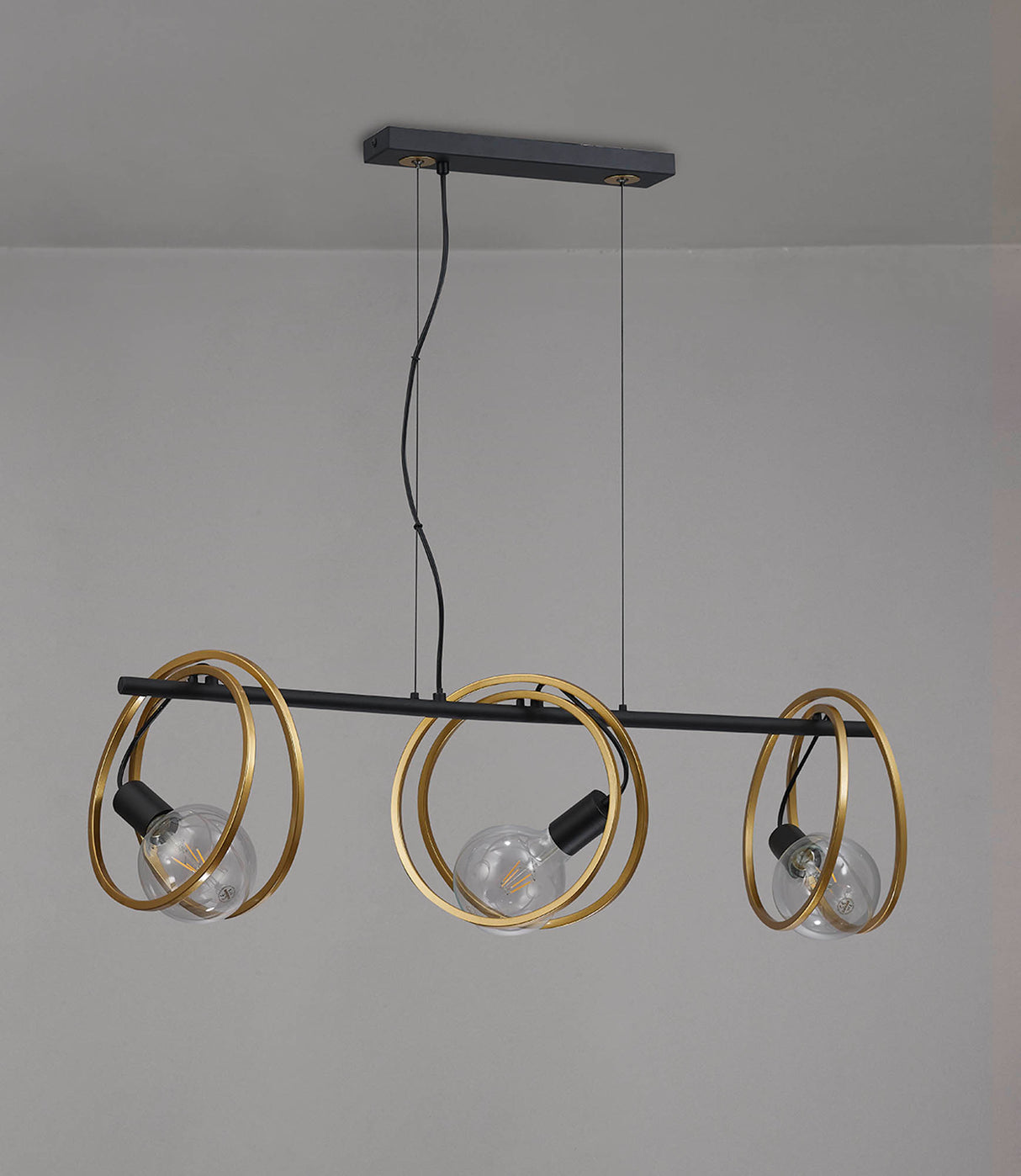 Kay Double Ring Linear Pendant, 3 Light E27, Matt Black / Painted Gold, G95/120 Lamp Recommended