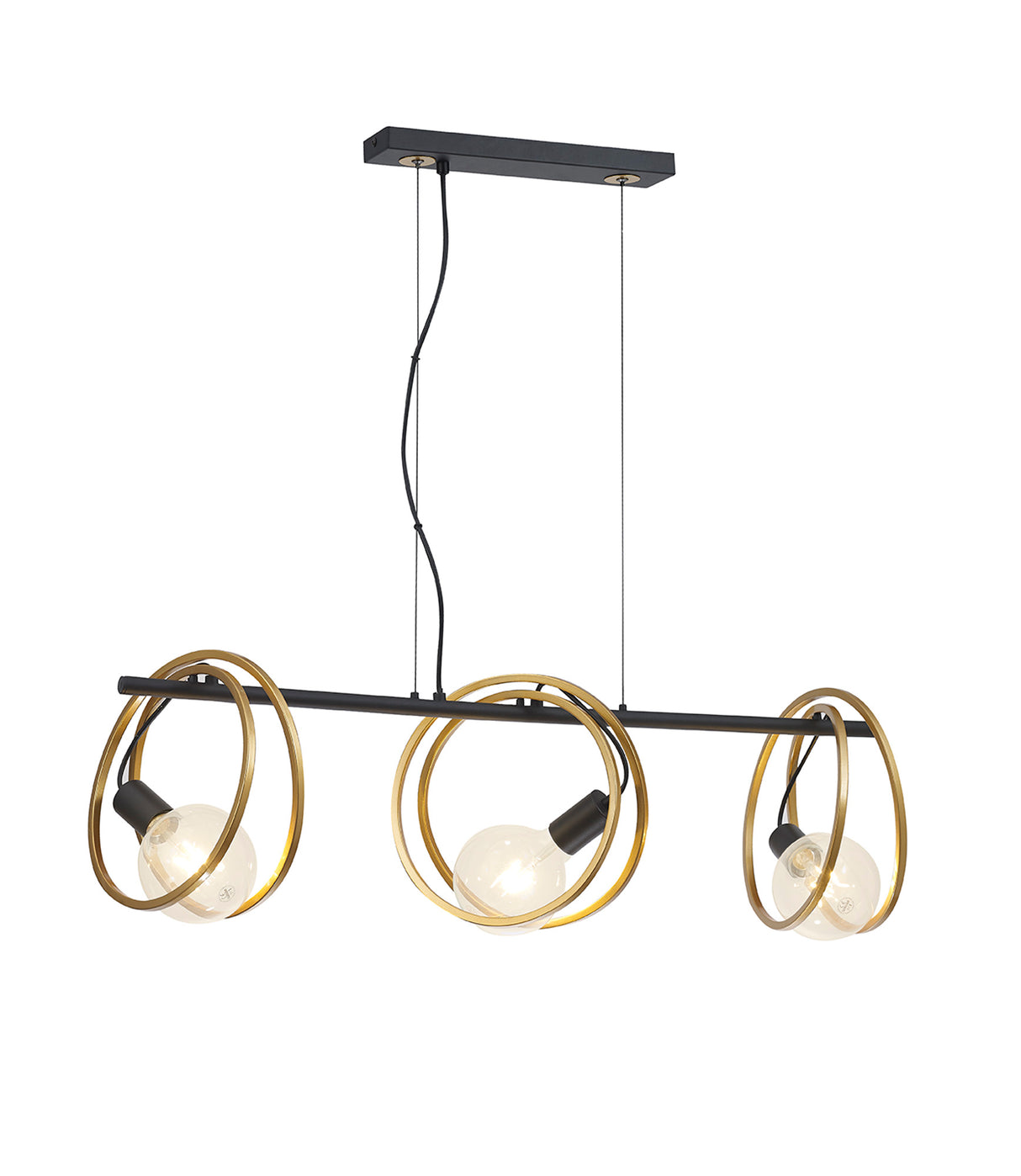 Kay Double Ring Linear Pendant, 3 Light E27, Matt Black / Painted Gold, G95/120 Lamp Recommended