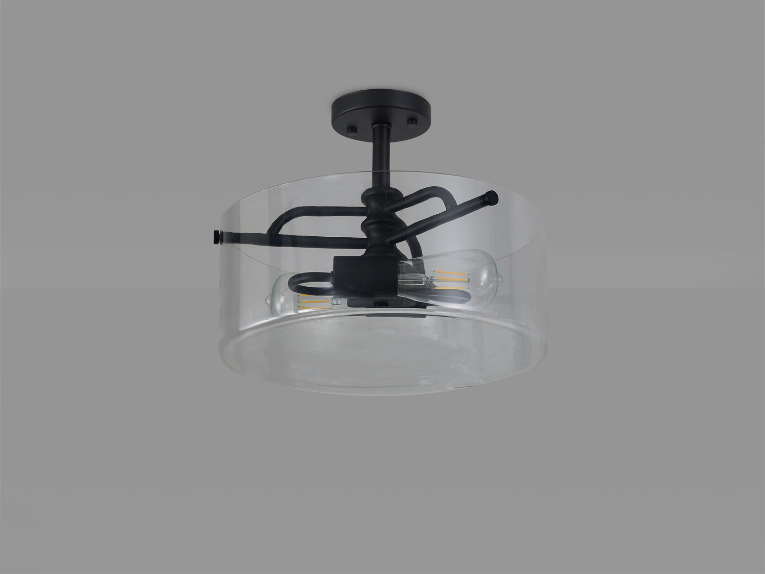 Venison Semi Flush Ceiling, 2 Light E27, Sand Black / Clear Glass