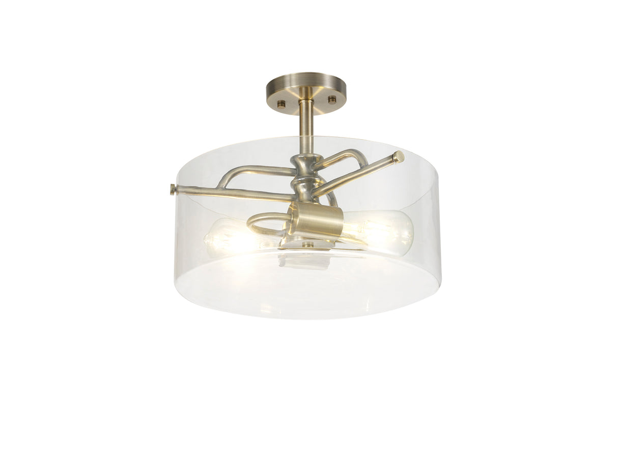 Venison Semi Flush Ceiling, 2 Light E27, Antique Brass / Clear Glass