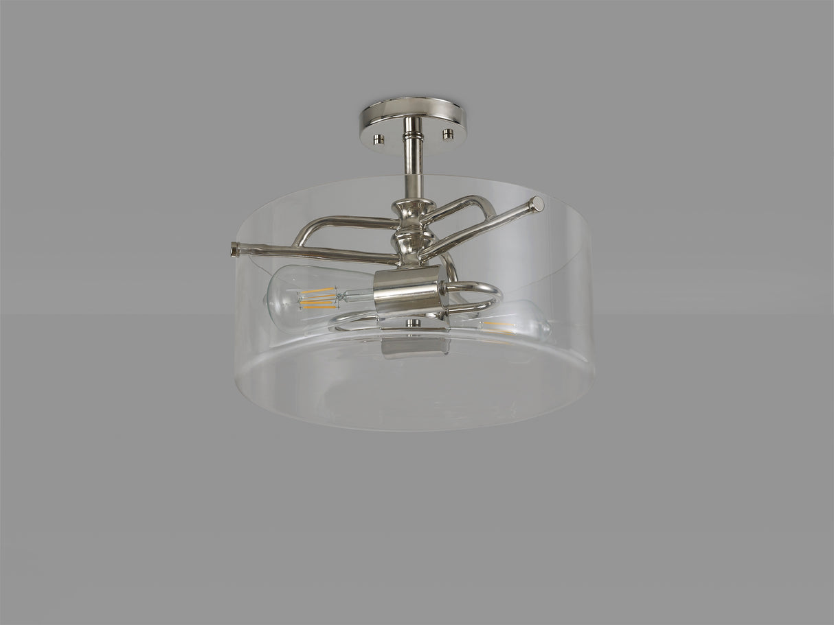 Venison Semi Flush Ceiling, 2 Light E27, Polished Nickel / Clear Glass