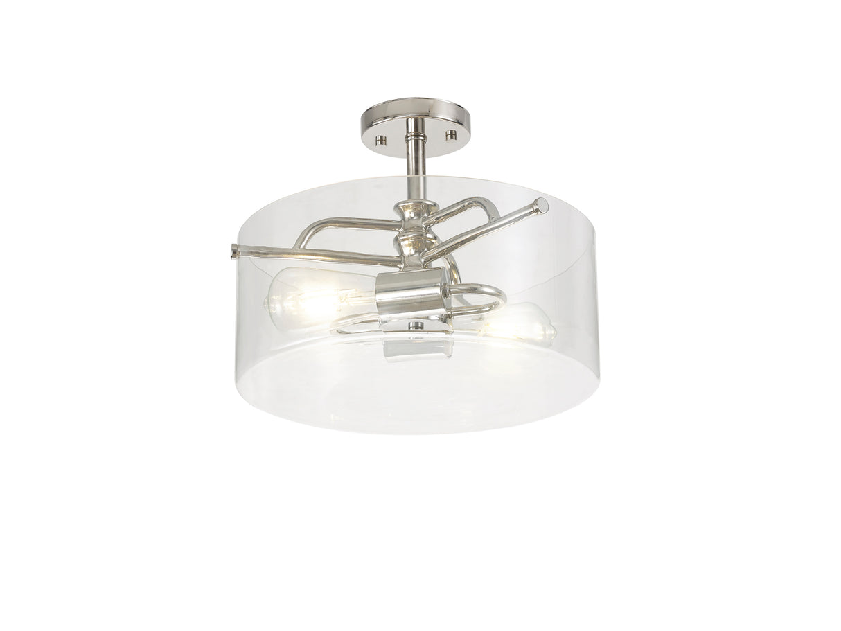 Venison Semi Flush Ceiling, 2 Light E27, Polished Nickel / Clear Glass