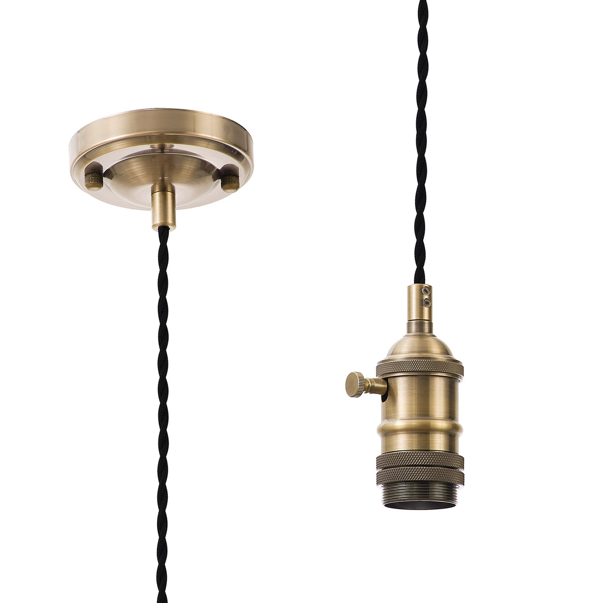 Rae Switched Pendant Light Kit 1.5m, 1 x E27, Antique Brass / Black 2 Core Twisted Cable