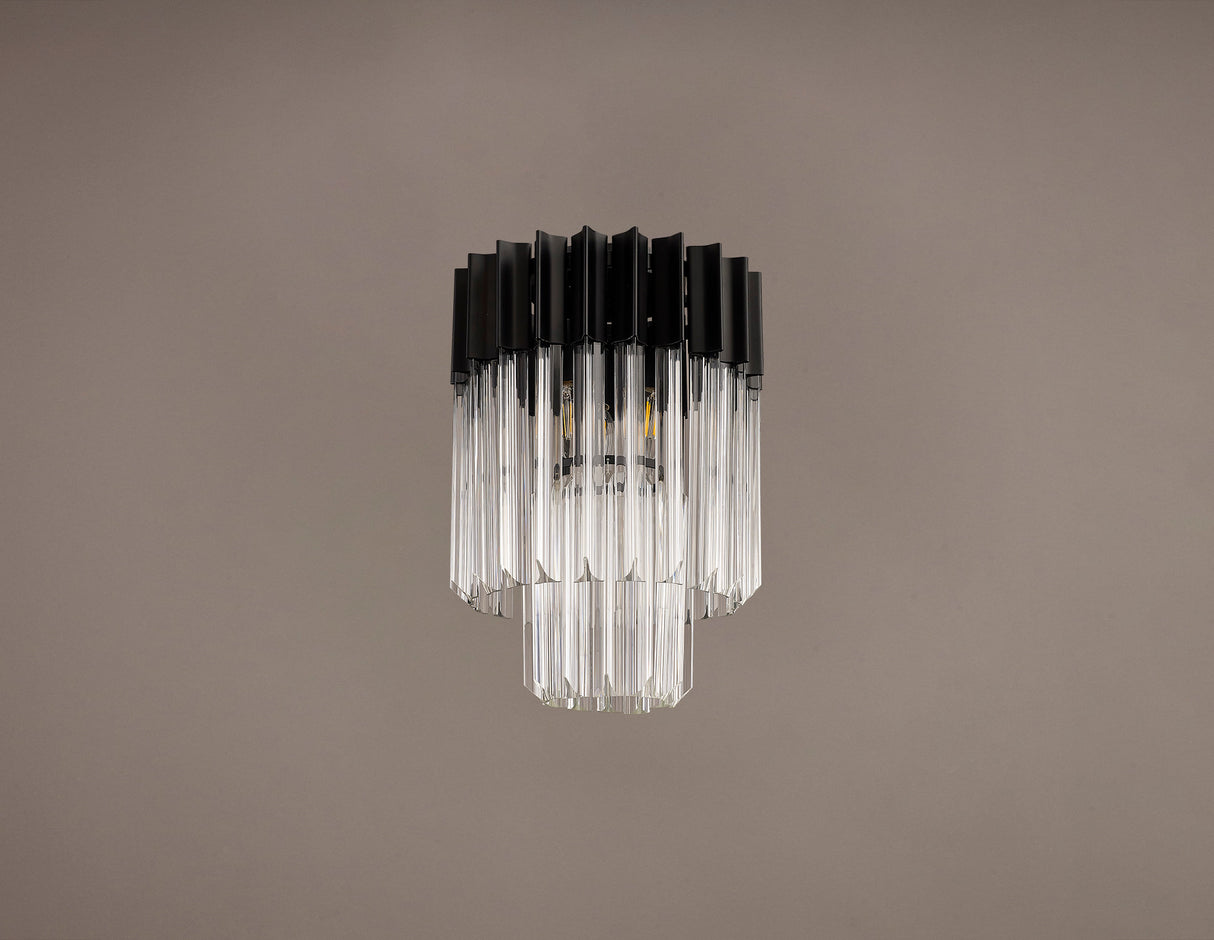 Longhorn 30cm Ceiling Round 3 Light E14, Matt Black / Clear Sculpted Glass