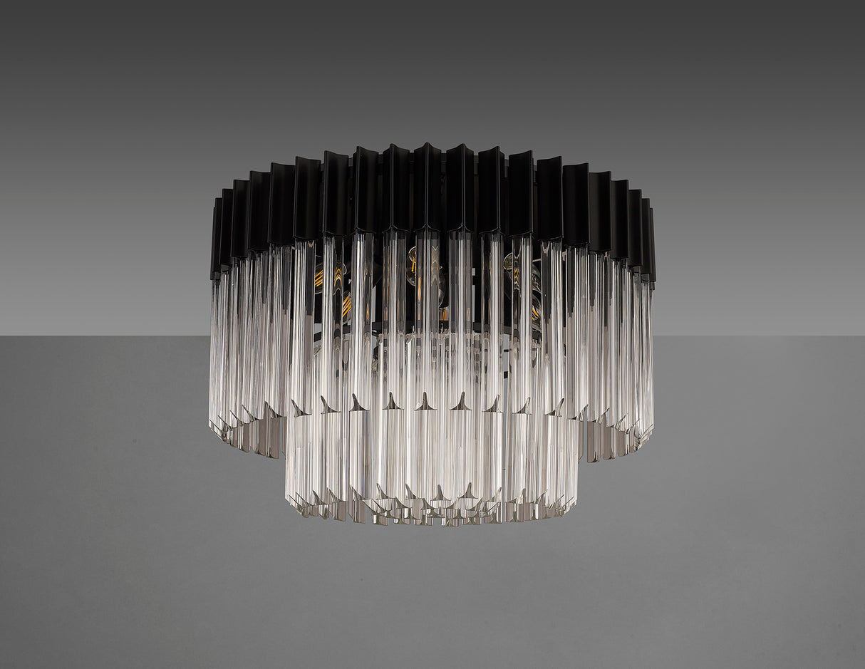 Longhorn 60cm Ceiling Round 7 Light E14, Matt Black / Clear Sculpted Glass, Item Weight: 15.3kg