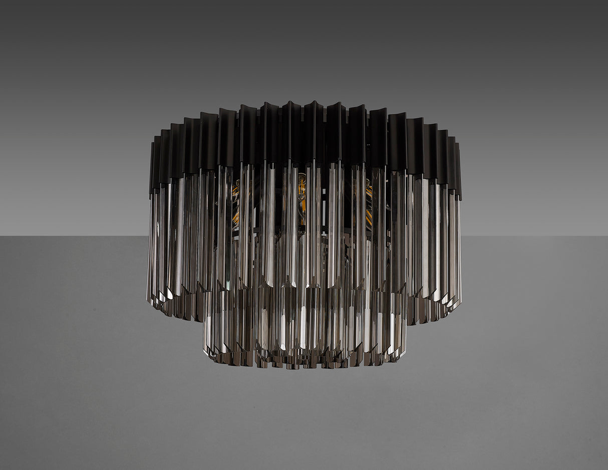 Longhorn 60cm Ceiling Round 7 Light E14, Matt Black / Smoke Sculpted Glass, Item Weight: 15.3kg