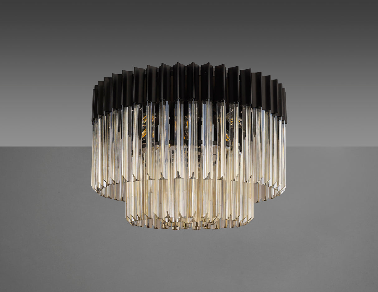 Longhorn 60cm Ceiling Round 7 Light E14, Matt Black / Cognac Sculpted Glass, Item Weight: 15.3kg