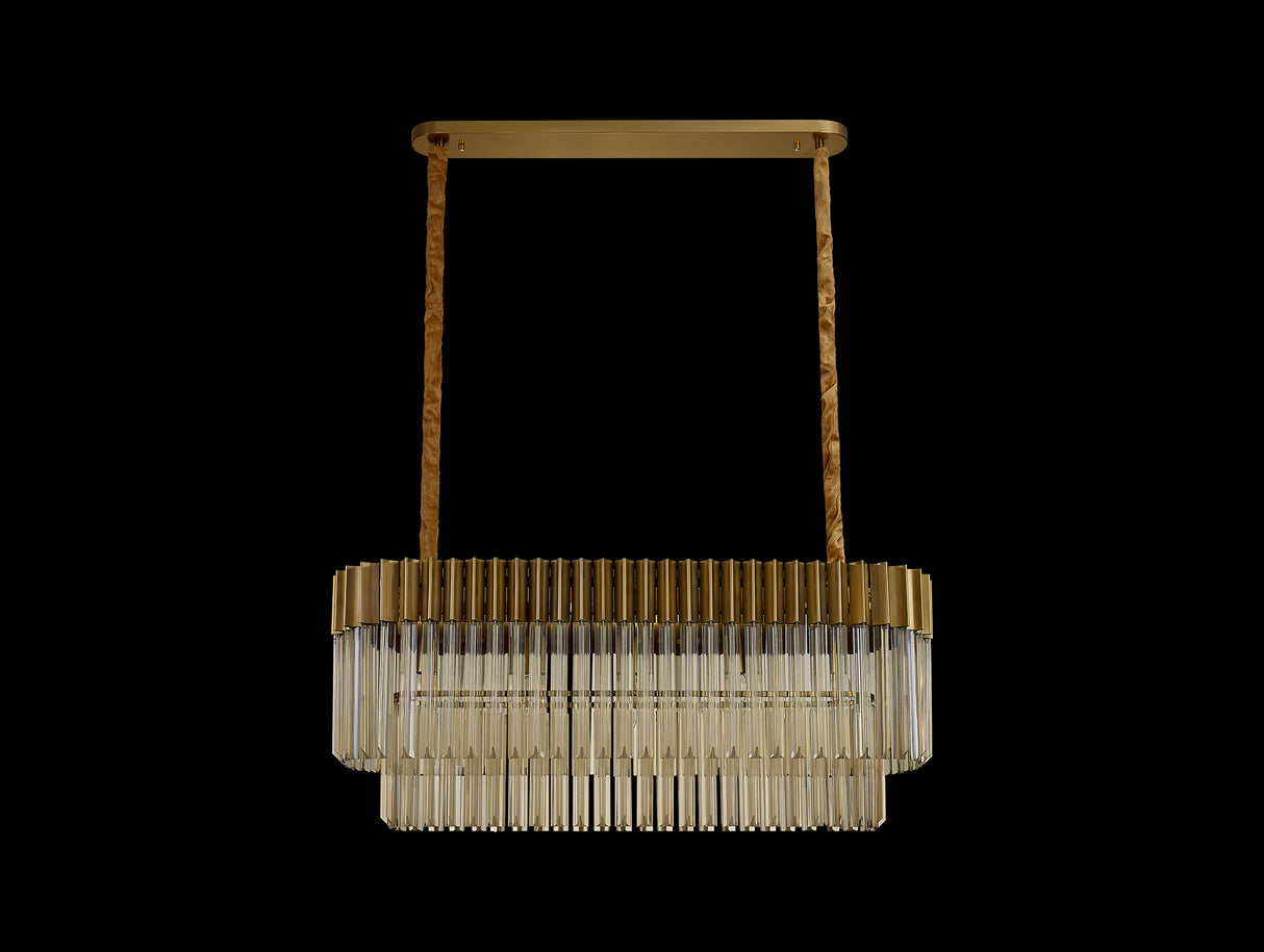 Longhorn 100 x 32cm Pendant Rectangle 5 Light E14, Brass / Cognac Sculpted Glass, Item Weight: 21kg