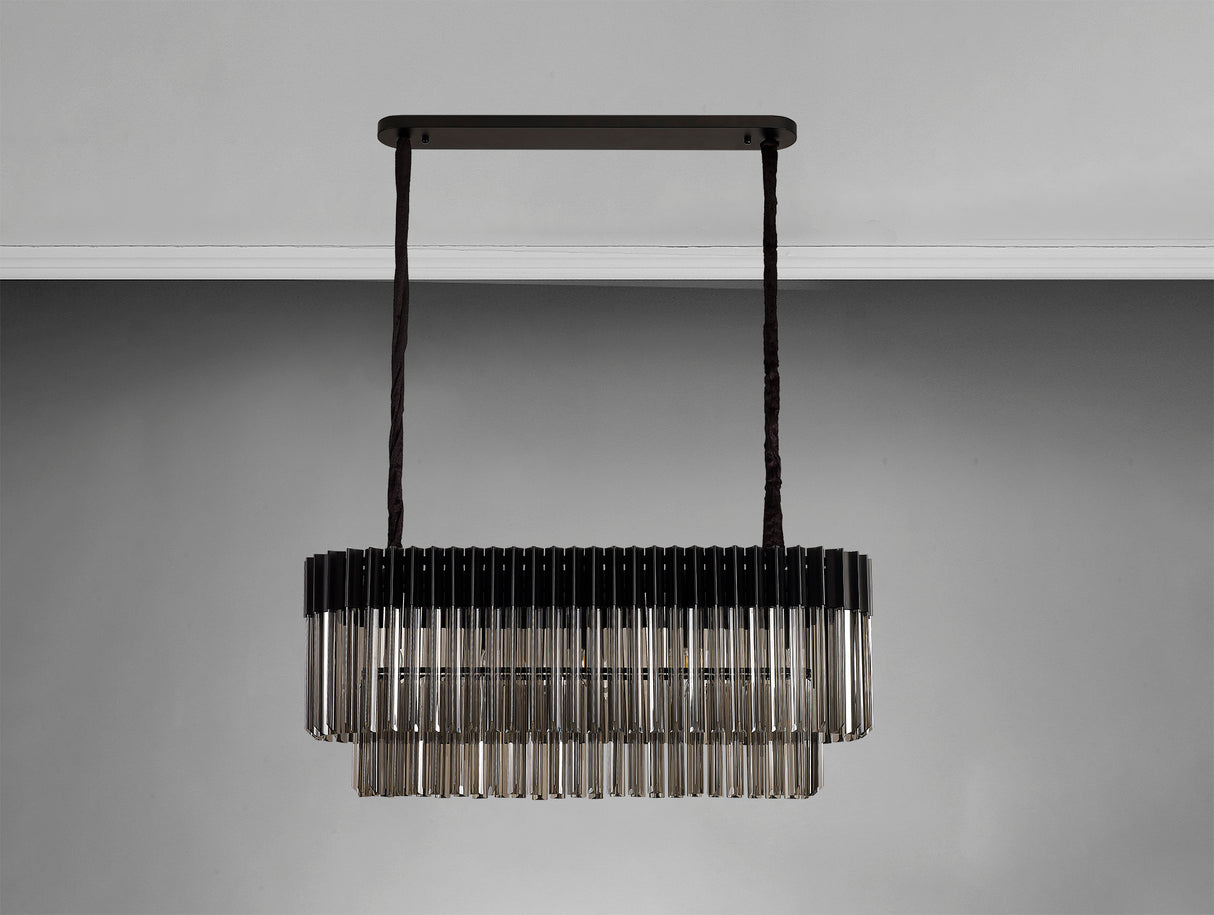 Longhorn 100 x 32cm Pendant Rectangle 5 Light E14, Matt Black / Smoke Sculpted Glass, Item Weight: 21kg