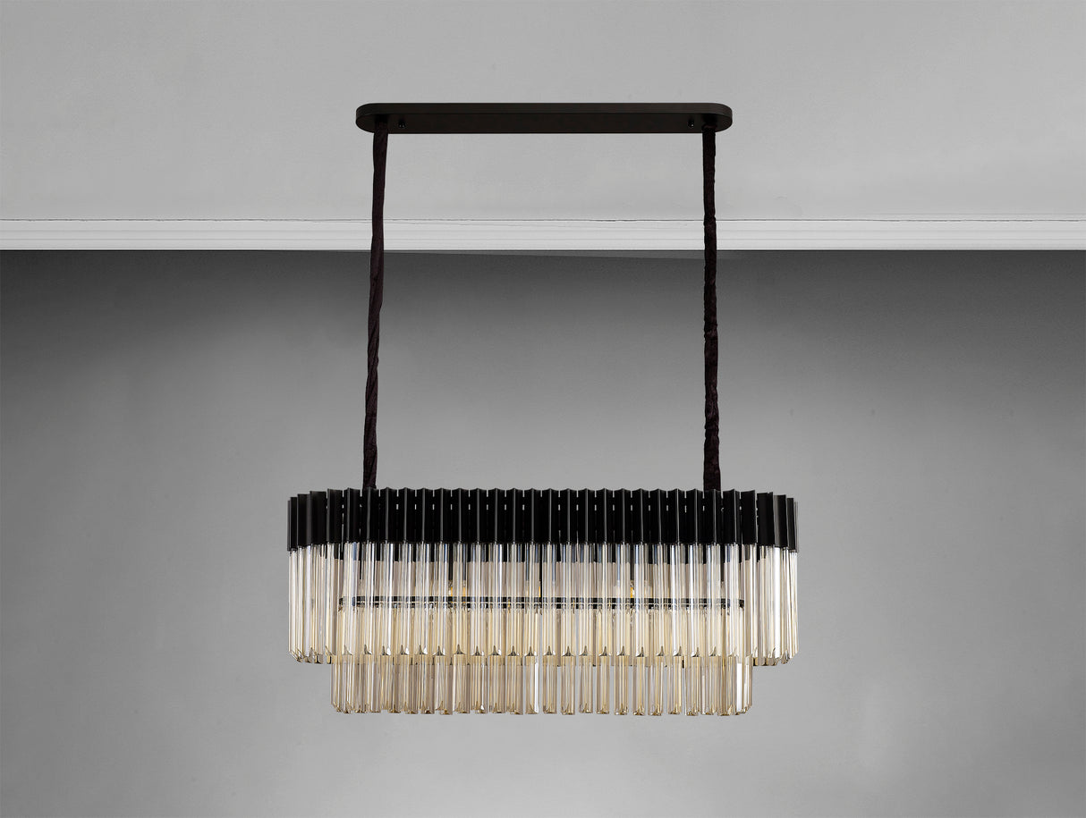 Longhorn 100 x 32cm Pendant Rectangle 5 Light E14, Matt Black / Cognac Sculpted Glass, Item Weight: 21kg