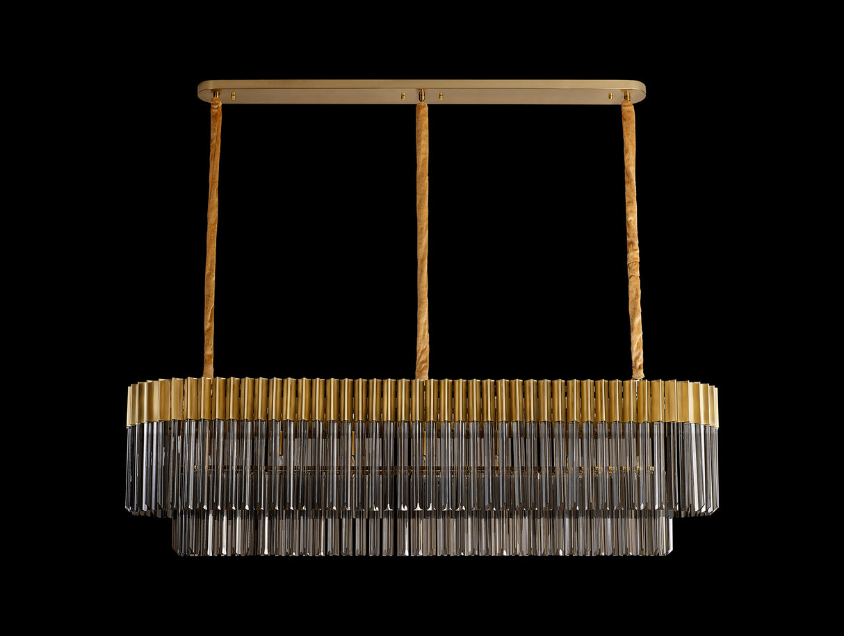 Longhorn 150 x 40cm Pendant Rectangle 7 Light E14, Brass / Smoke Sculpted Glass, Item Weight: 28kg