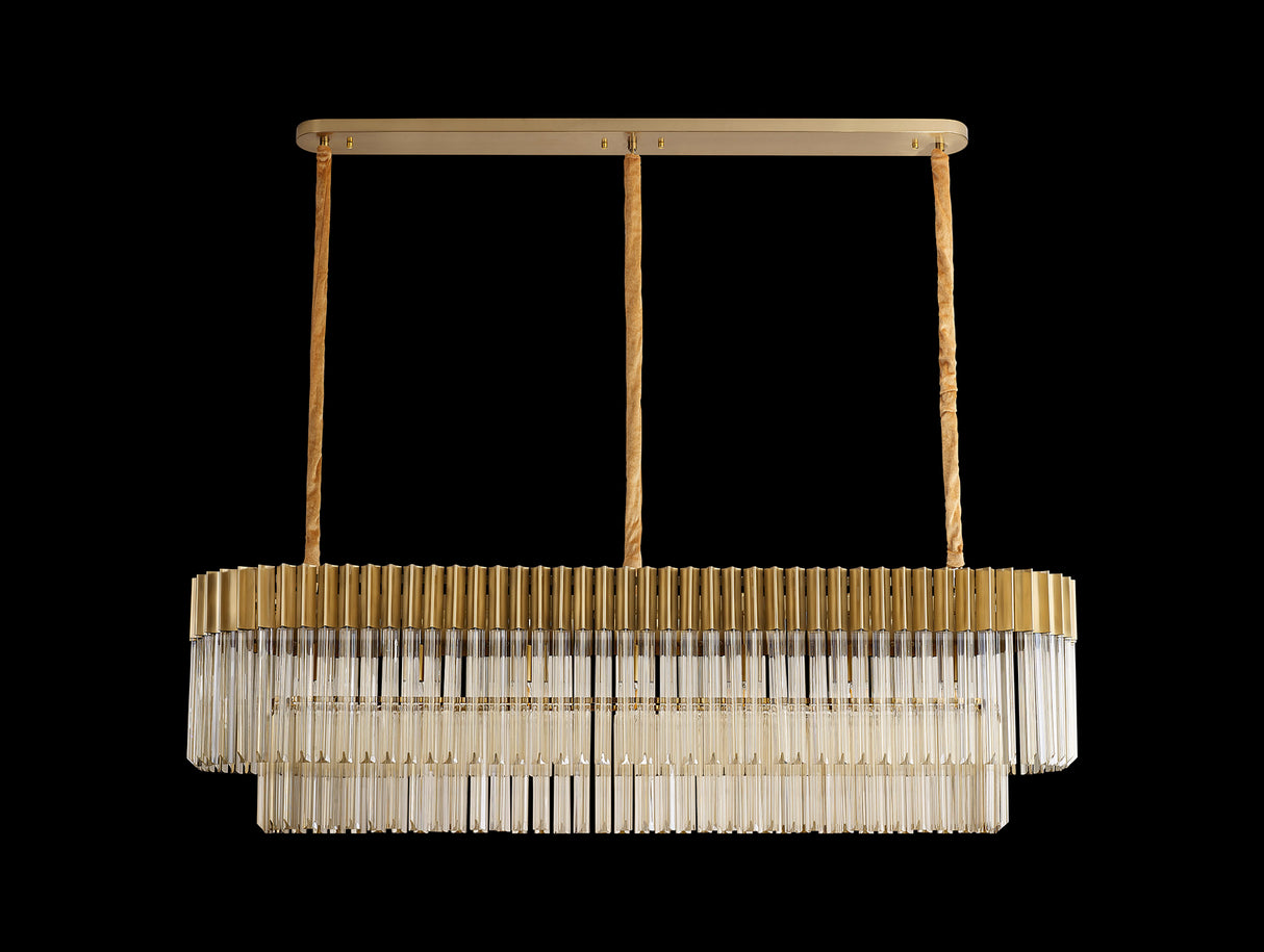 Longhorn 150 x 40cm Pendant Rectangle 7 Light E14, Brass / Cognac Sculpted Glass, Item Weight: 28kg