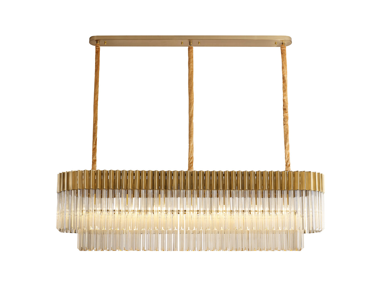 Longhorn 150 x 40cm Pendant Rectangle 7 Light E14, Brass / Cognac Sculpted Glass, Item Weight: 28kg