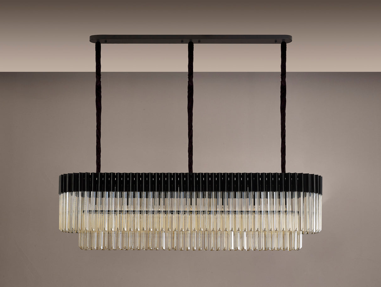 Longhorn 150 x 40cm Pendant Rectangle 7 Light E14, Matt Black / Cognac Sculpted Glass, Item Weight: 28kg