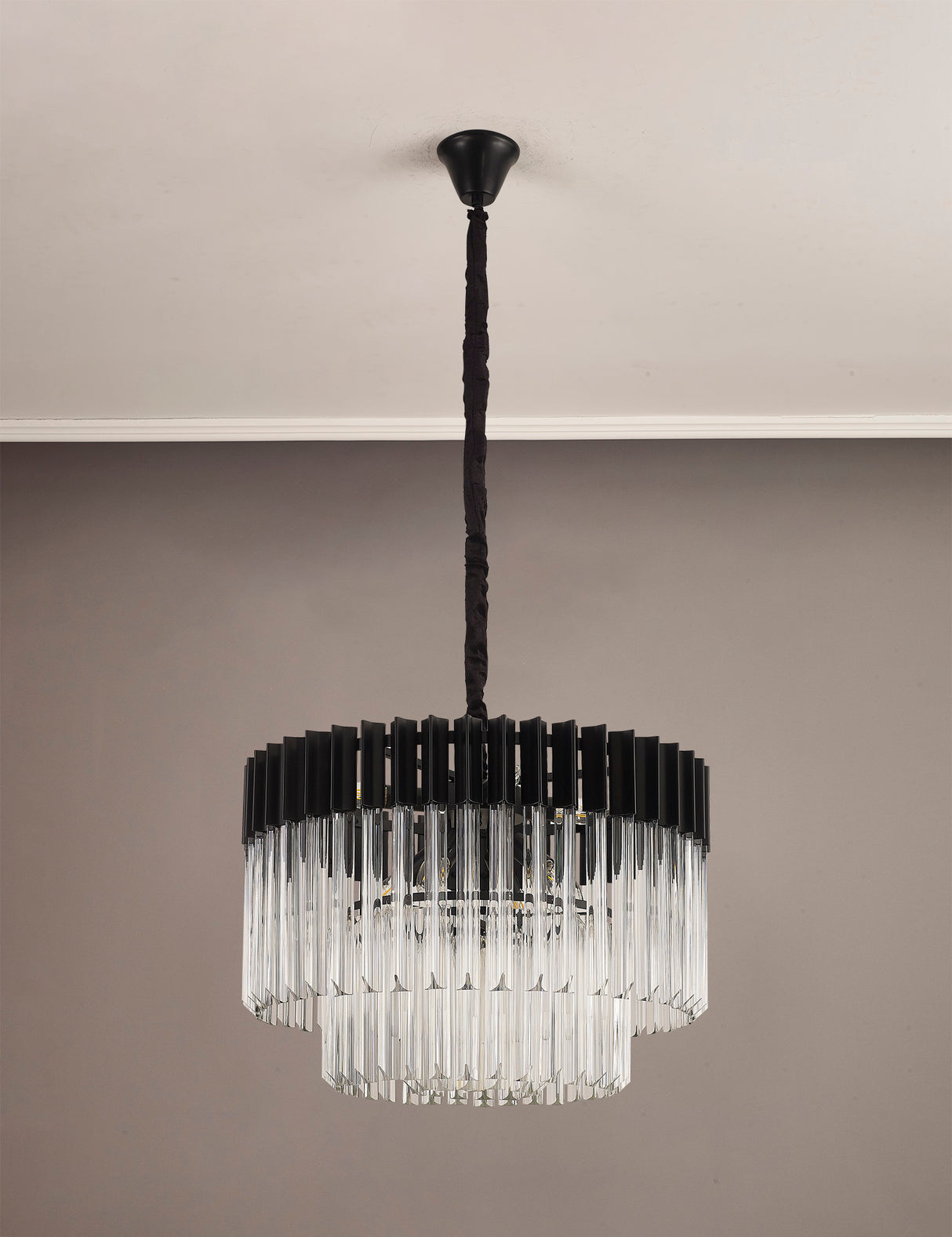 Longhorn 60cm Pendant Round 8 Light E14, Matt Black / Clear Sculpted Glass, Item Weight: 17.3kg