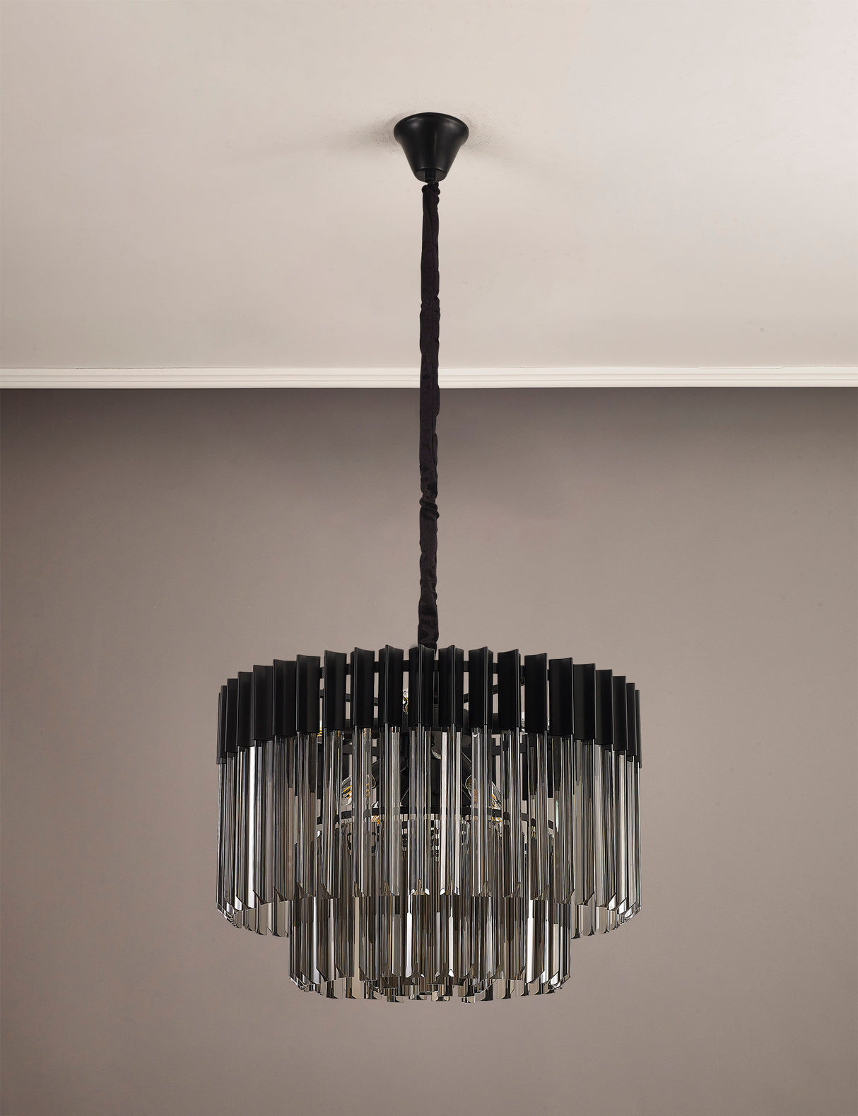 Longhorn 60cm Pendant Round 8 Light E14, Matt Black / Smoke Sculpted Glass Item Weight: 17.3kg