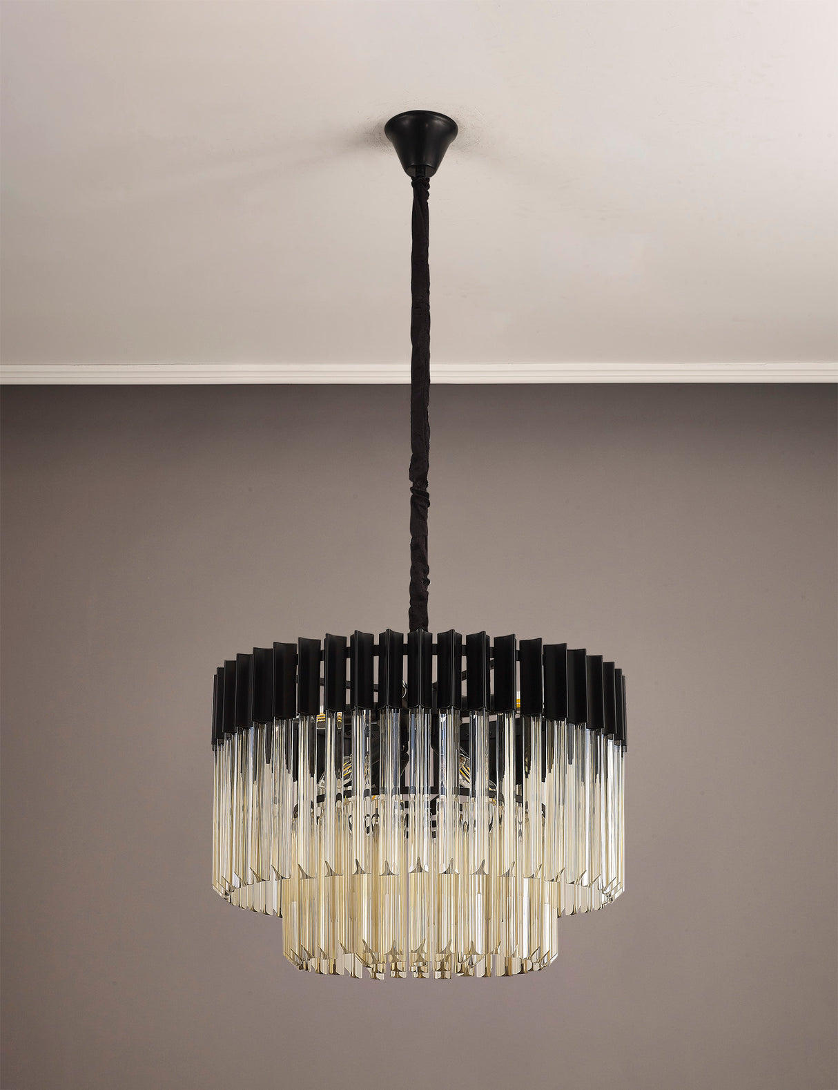 Longhorn 60cm Pendant Round 8 Light E14, Matt Black / Cognac Sculpted Glass, Item Weight: 17.3kg