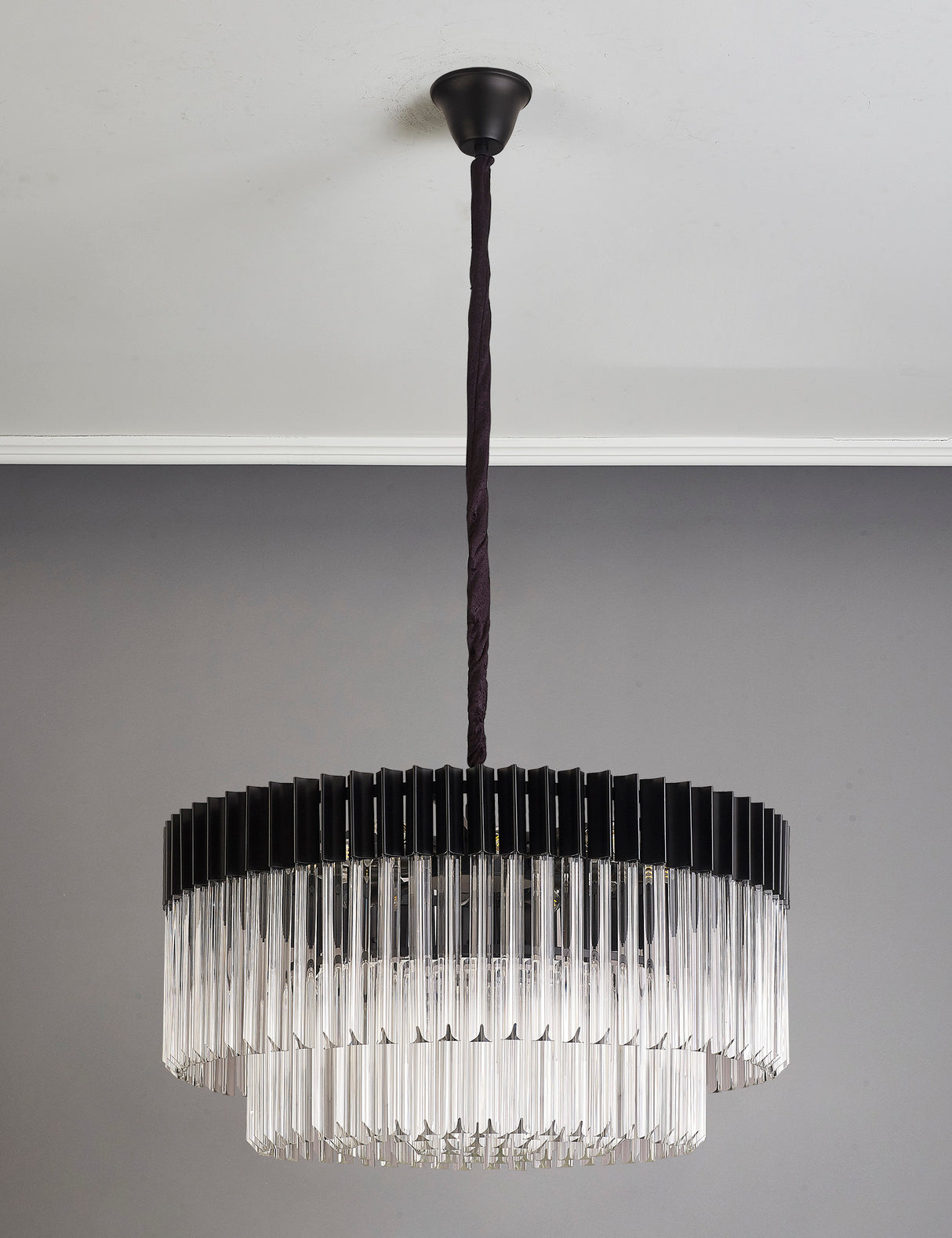 Longhorn 80cm Pendant Round 12 Light E14, Matt Black / Clear Sculpted Glass, Item Weight: 25.4kg