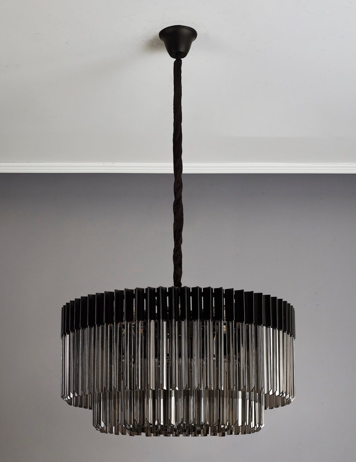 Longhorn 80cm Pendant Round 12 Light E14, Matt Black / Smoke Sculpted Glass, Item Weight: 25.4kg