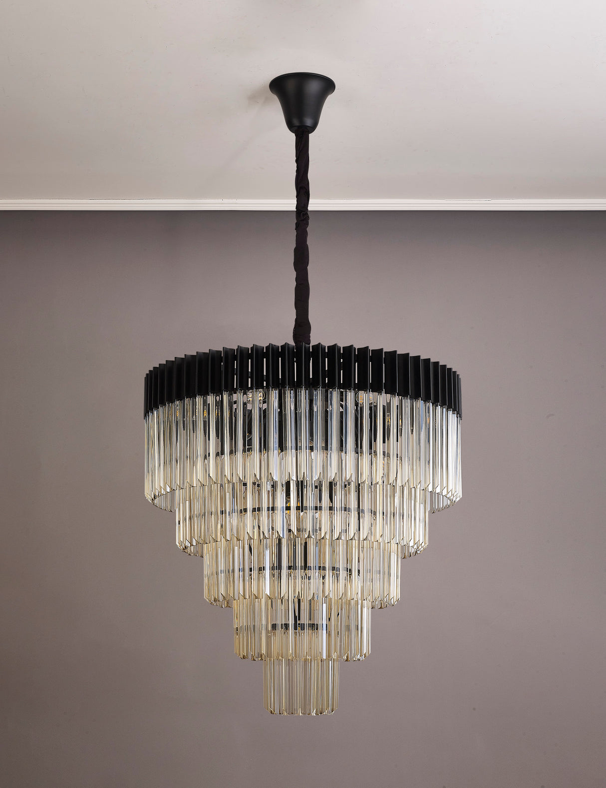 Longhorn 80cm Pendant Round 5 Tier 19 Light E14, Matt Black / Cognac Sculpted Glass, Item Weight: 32.6kg