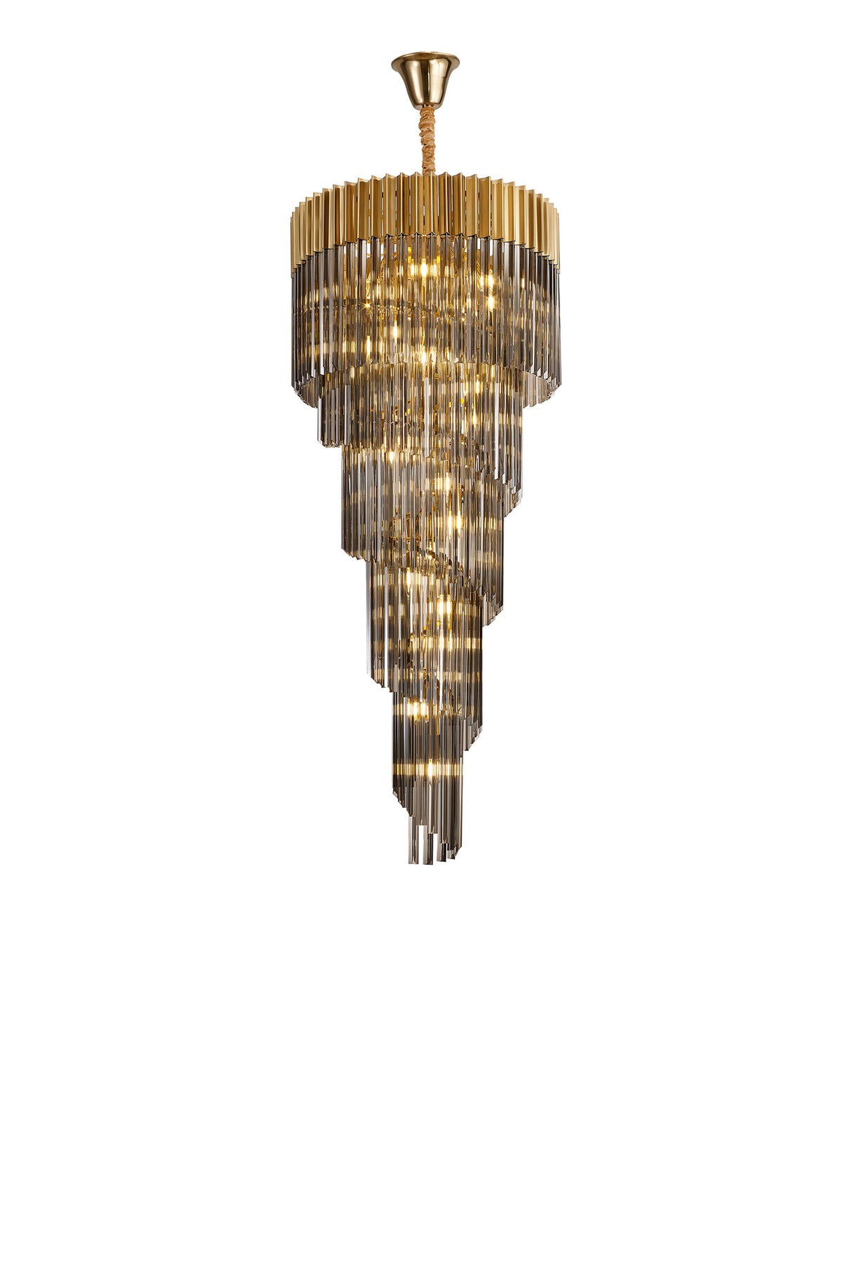Longhorn 70cm Pendant Round 5 Layer Spiral 23 Light E14, Brass / Smoke Sculpted Glass, Item Weight: 57kg