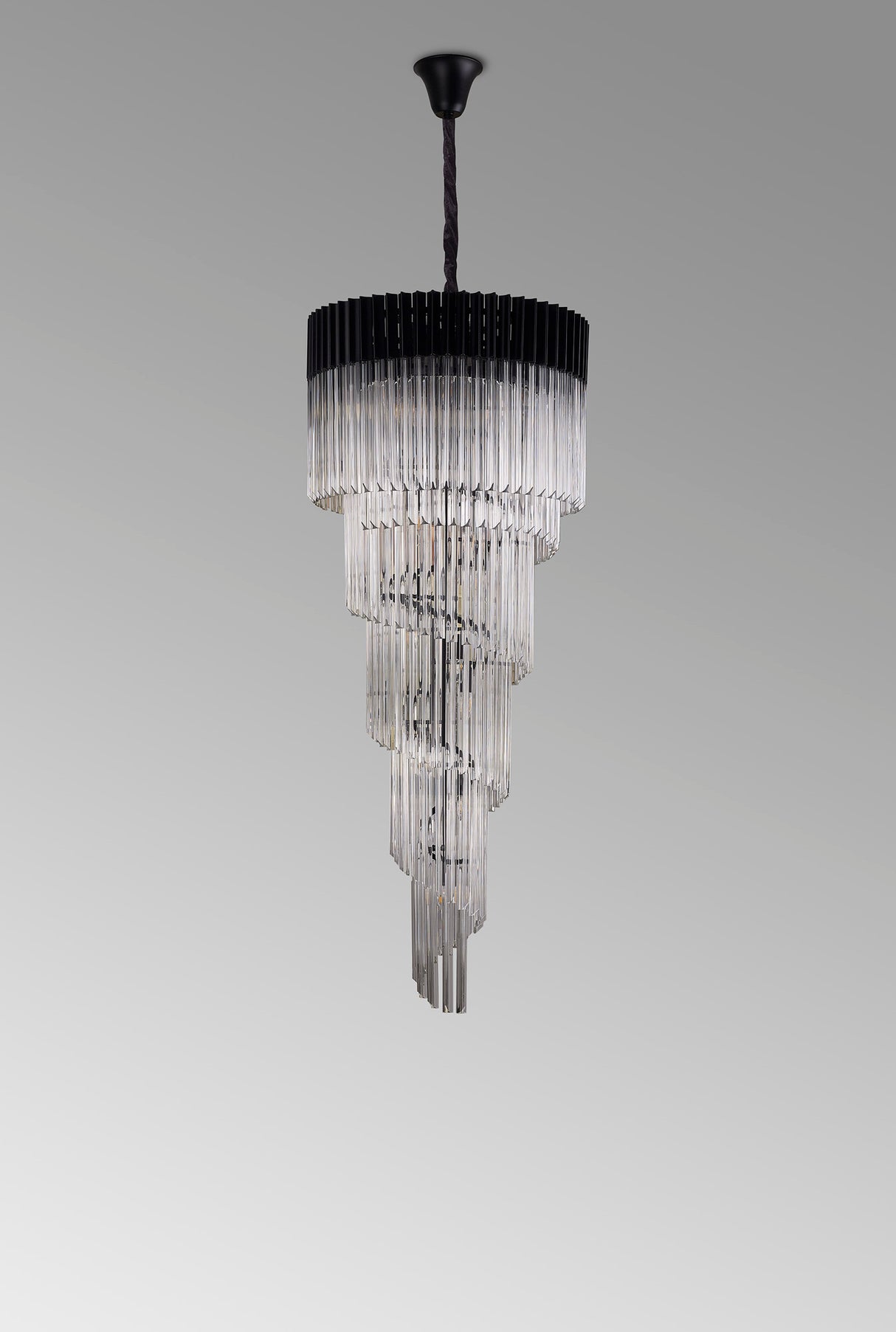 Longhorn 70cm Pendant Round 5 Layer Spiral 23 Light E14, Matt Black / Clear Sculpted Glass, Item Weight: 56.2kg