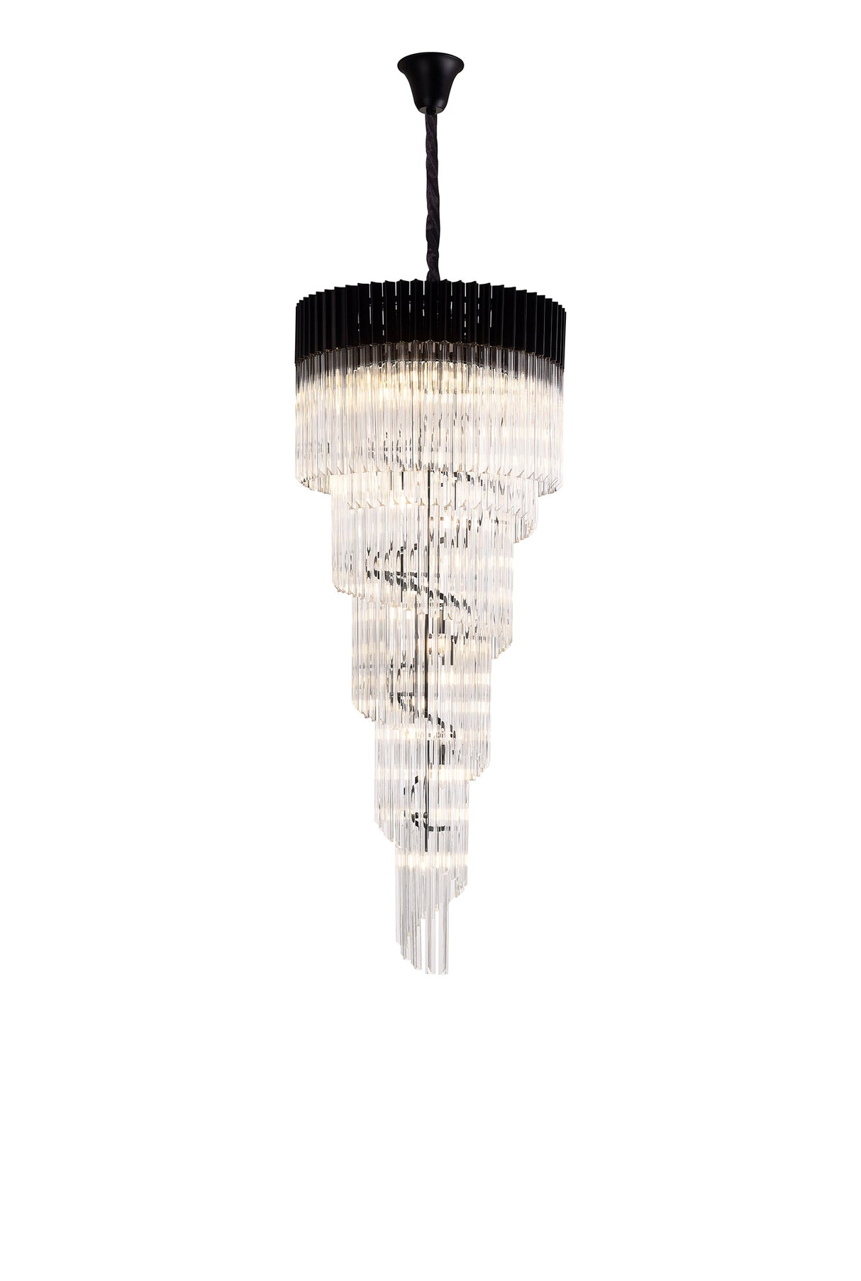 Longhorn 70cm Pendant Round 5 Layer Spiral 23 Light E14, Matt Black / Clear Sculpted Glass, Item Weight: 56.2kg