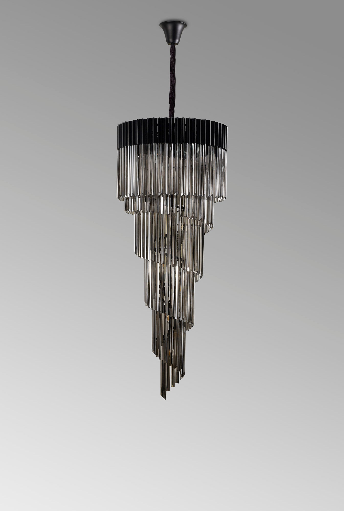 Longhorn 70cm Pendant Round 5 Layer Spiral 23 Light E14, Matt Black / Smoke Sculpted Glass, Item Weight: 57kg